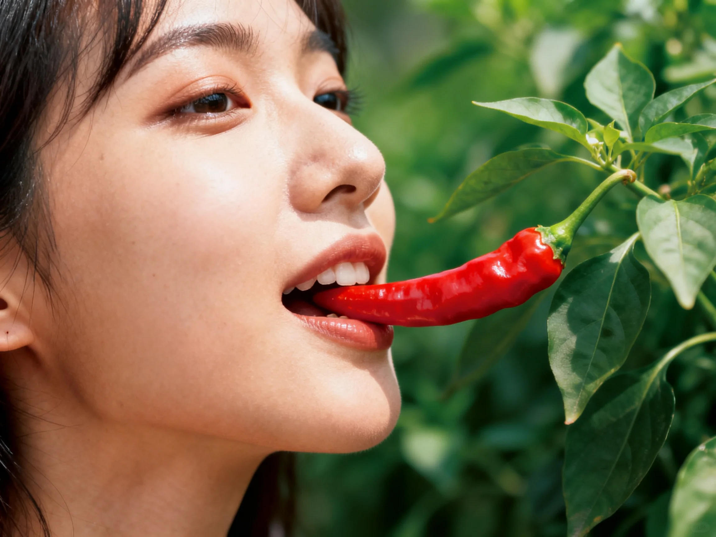 A woman holding a bright red chili pepper near green foliage