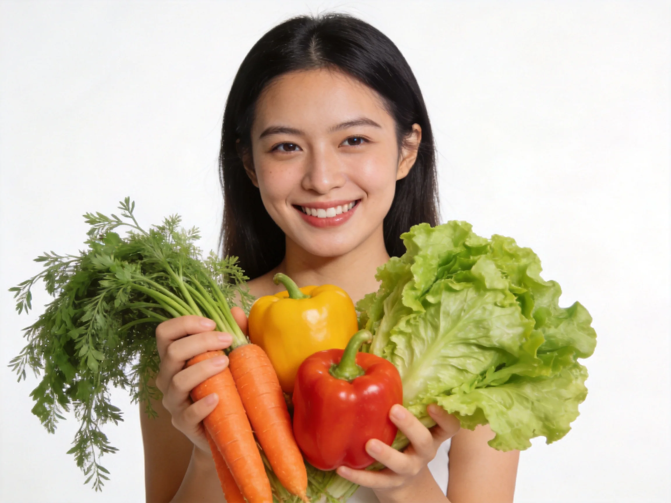 A woman holding fresh carrots, yellow and red bell peppers, and crisp lettuce