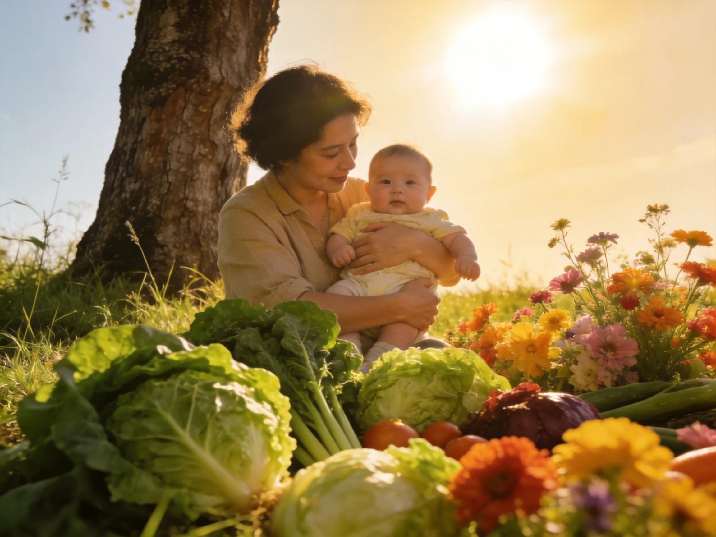 A woman holds a baby among fresh veggies and colorful flowers under sunny light