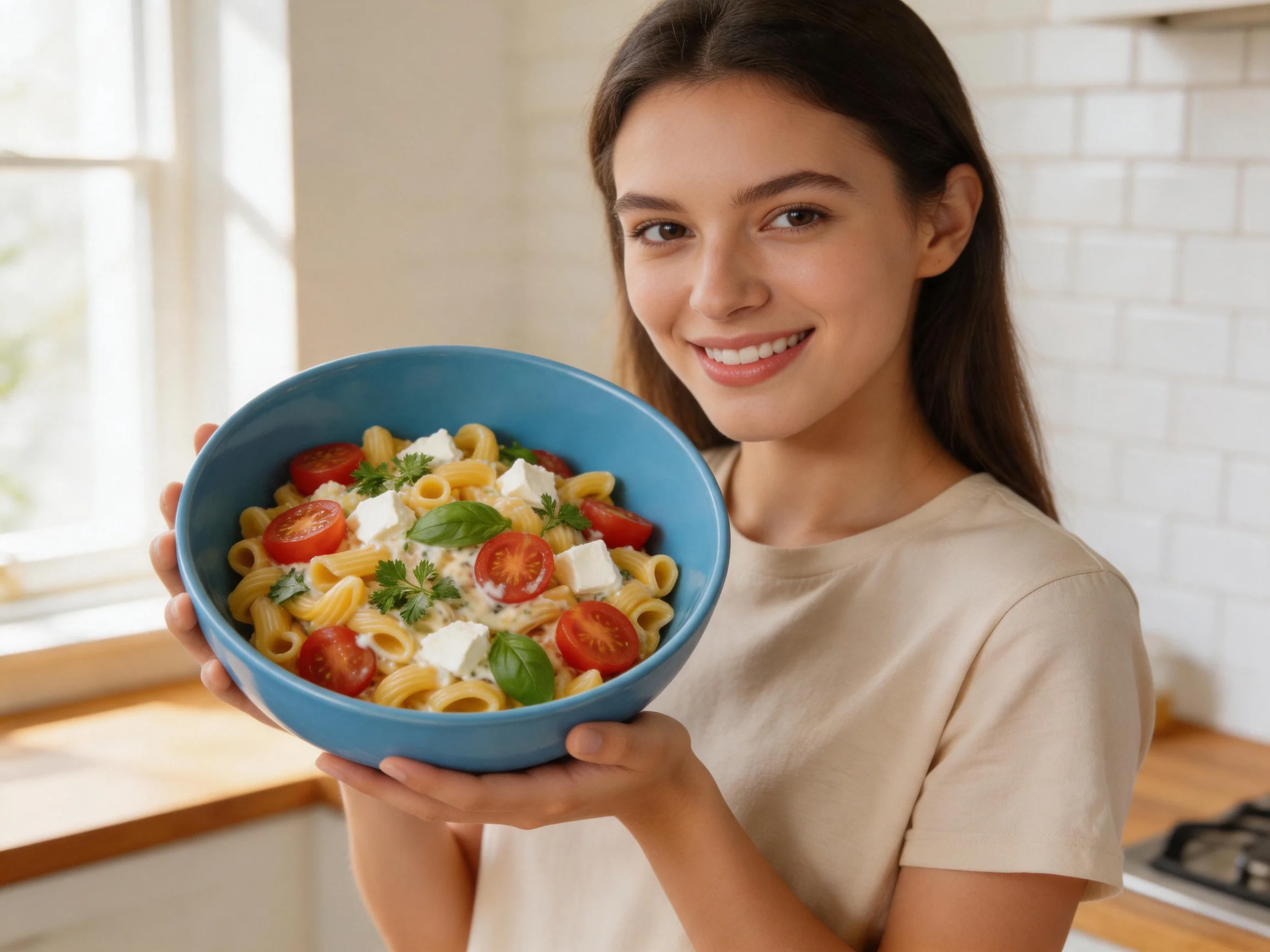 A woman holds a blue bowl of pasta with cherry tomatoes and fresh herbs