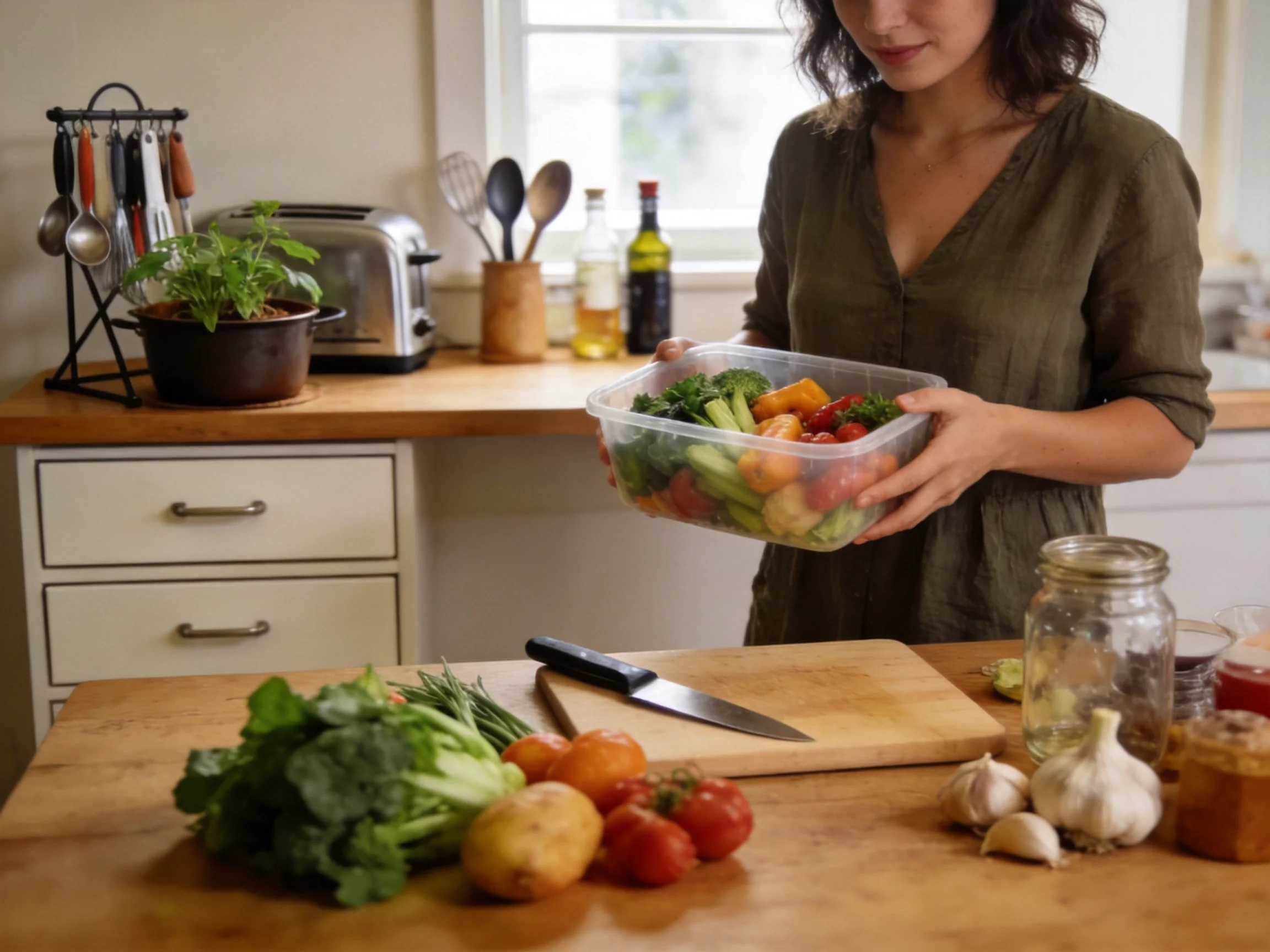 A woman holds a container of colorful mixed vegetables in a bright kitchen