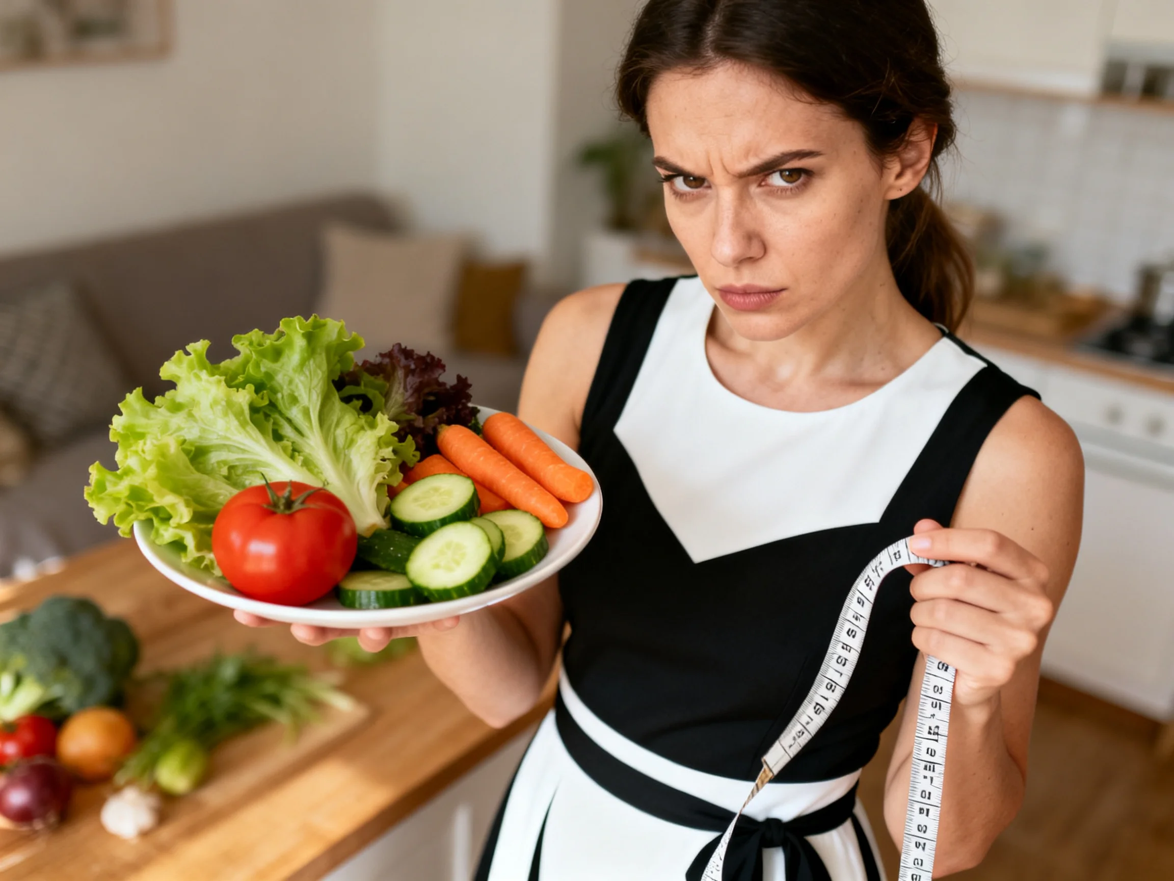 A woman holds a fresh vegetable platter with a measuring tape in her kitchen