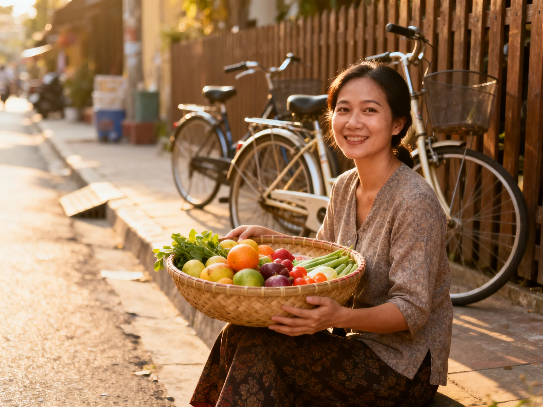A woman holds a large basket of colorful produce beside bicycles on a sunny street.