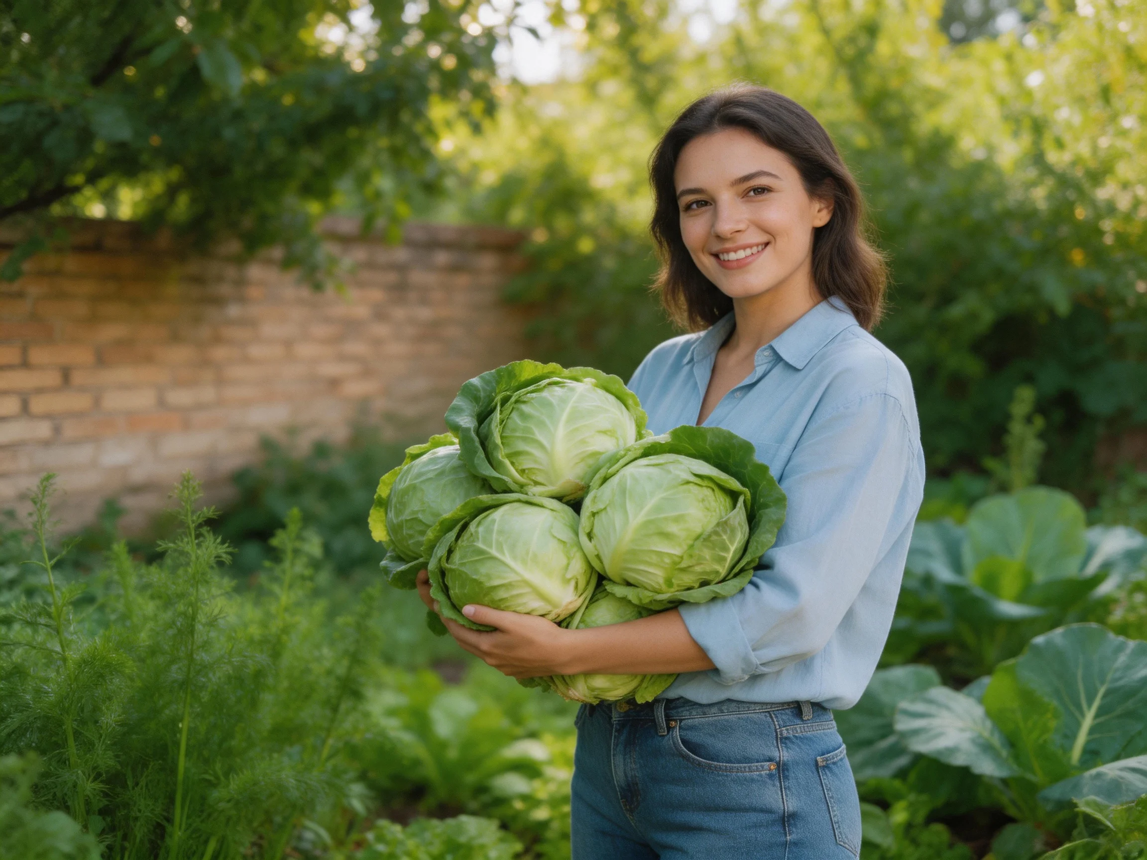 A woman holds five large green cabbages in a lush garden