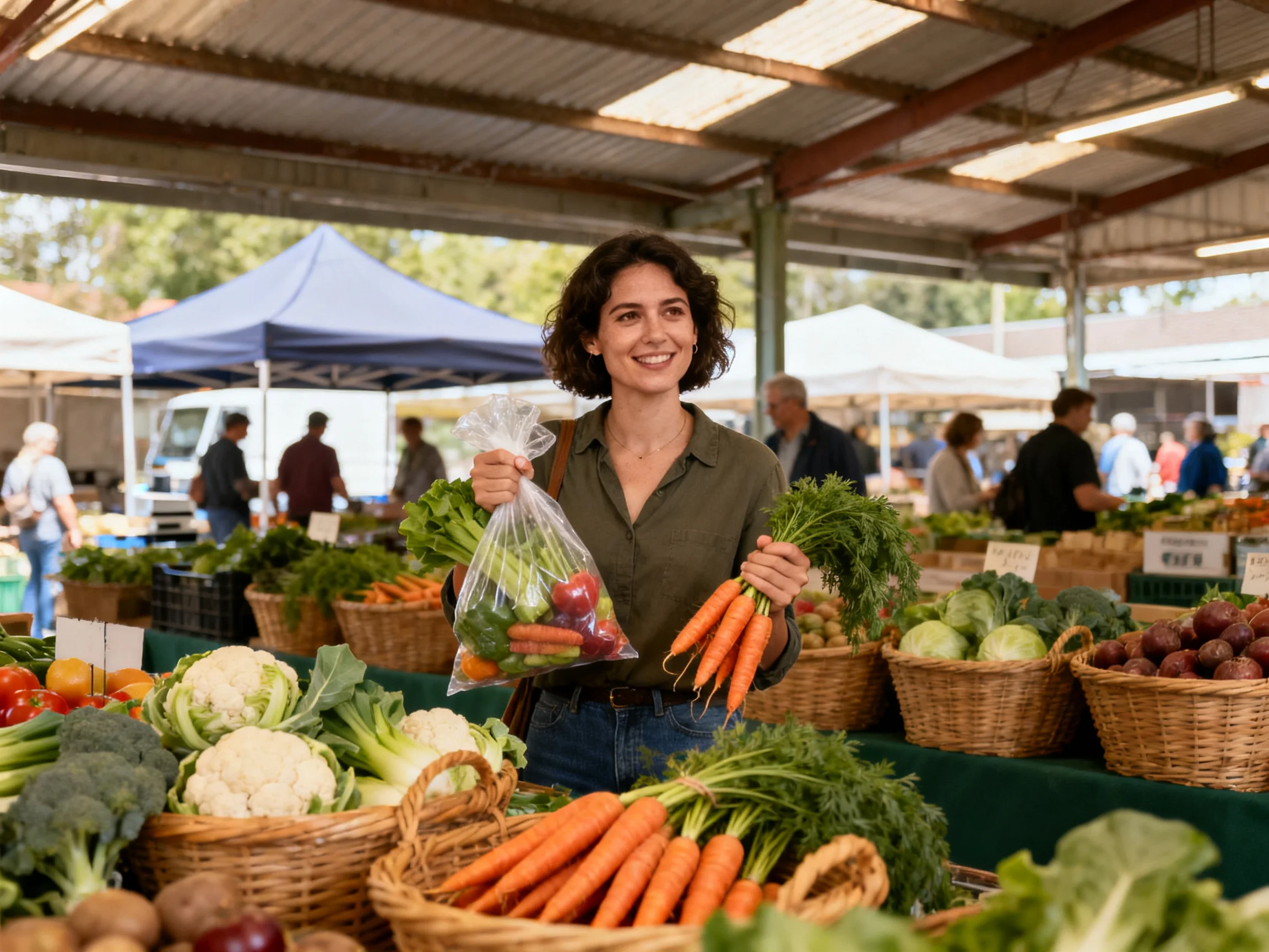A woman holds fresh carrots and vegetables at a bustling outdoor market