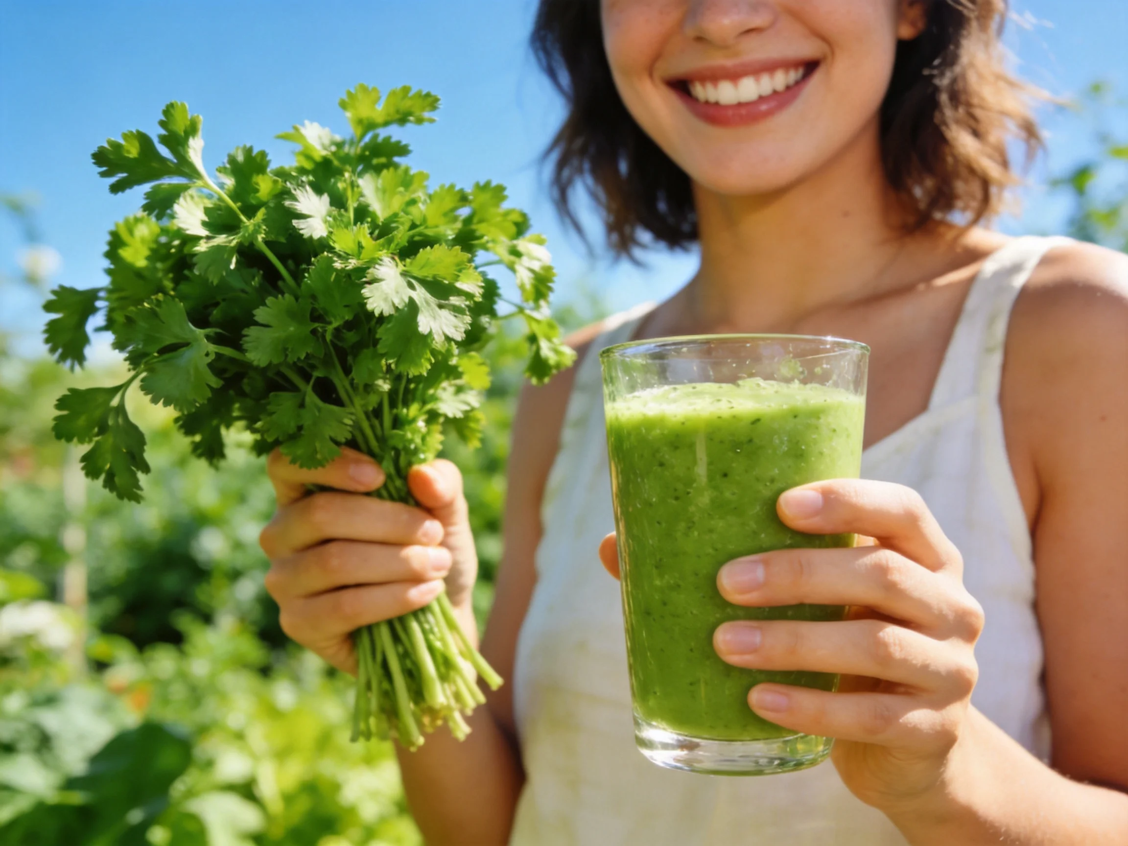 A woman holds fresh leafy greens and a green smoothie under clear blue sky