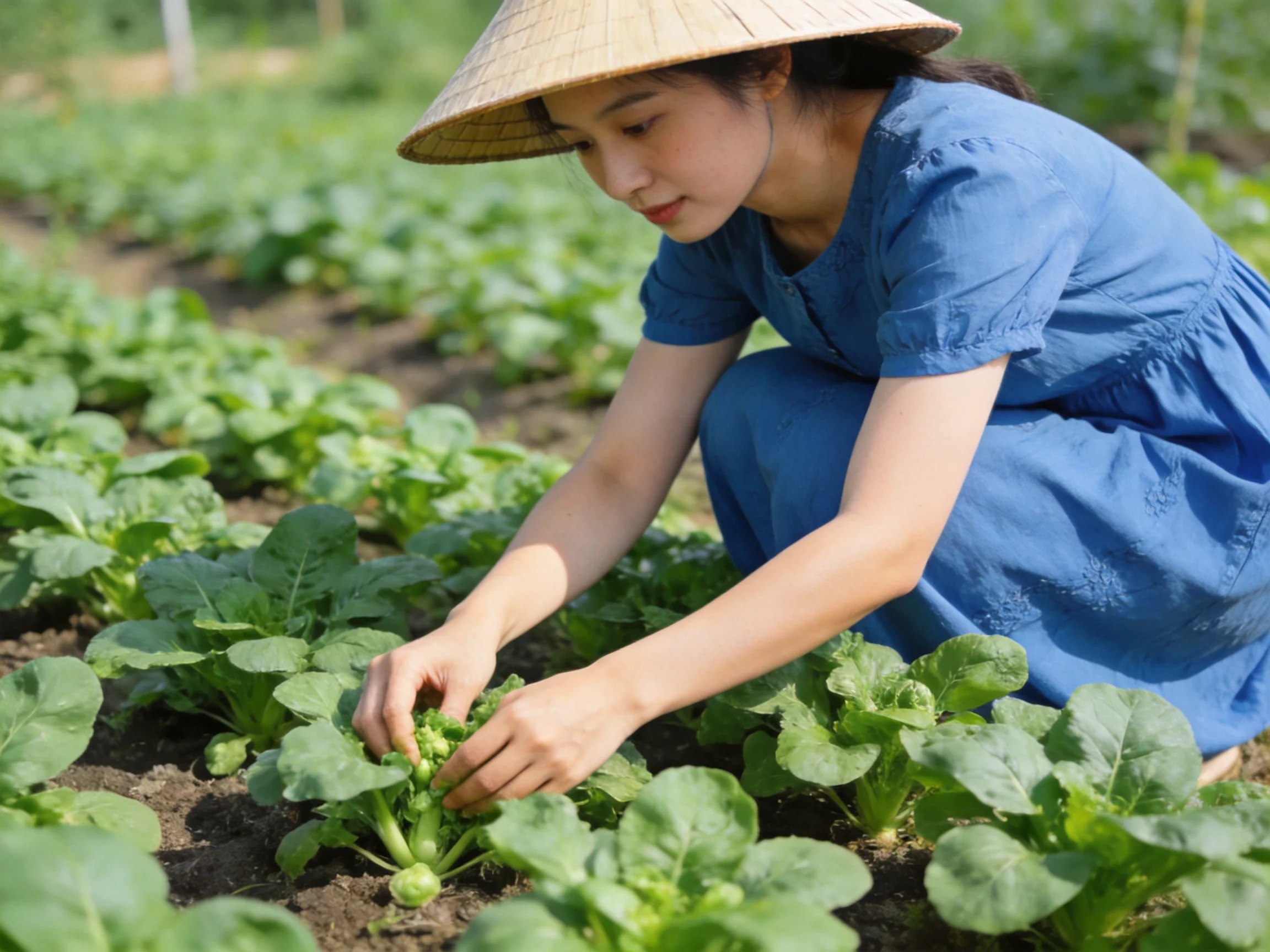 A woman in a blue dress tends to leafy green vegetables in a sunlit farm