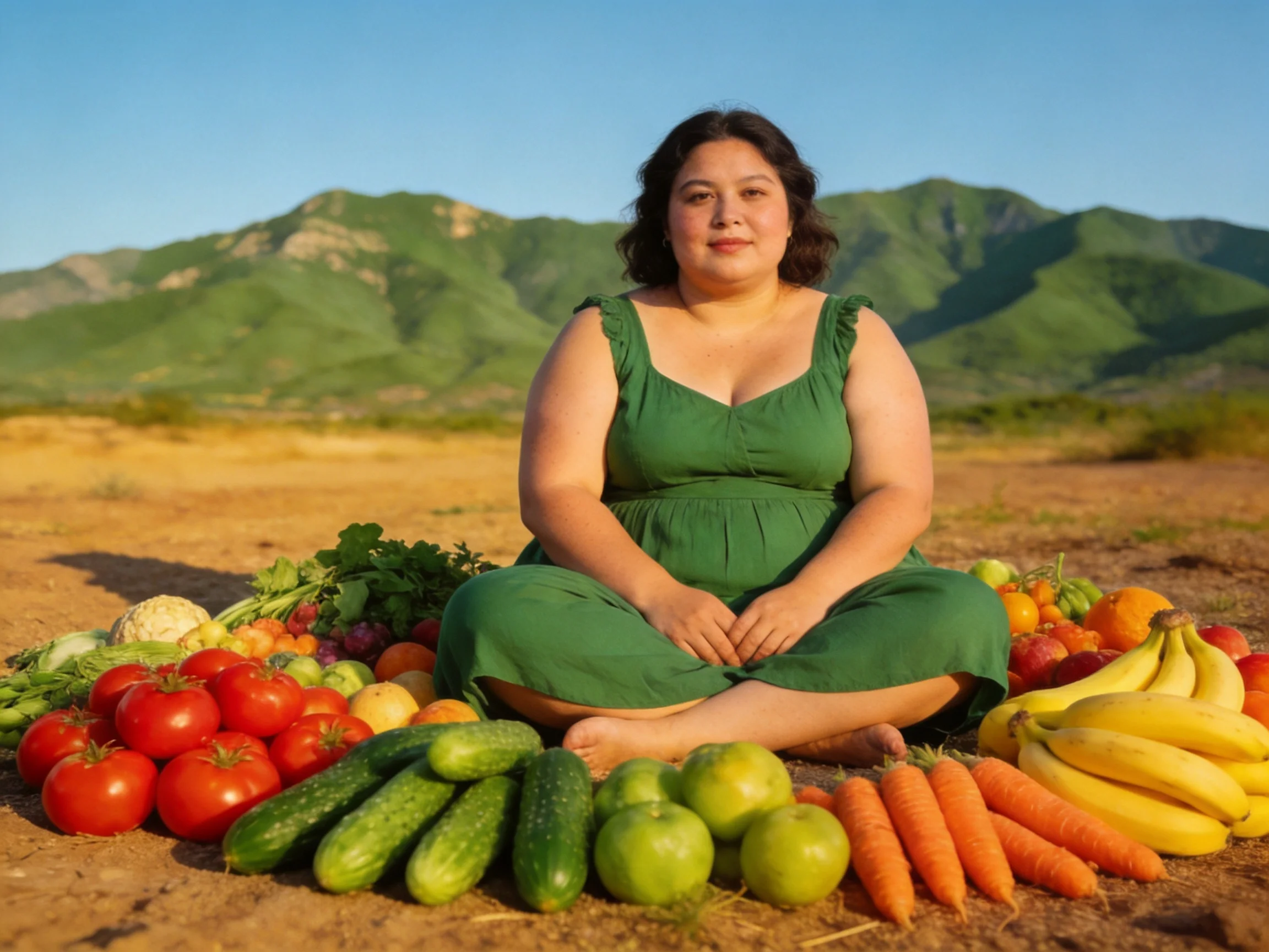 A woman in a green dress sits among colorful fruits and veggies near mountains