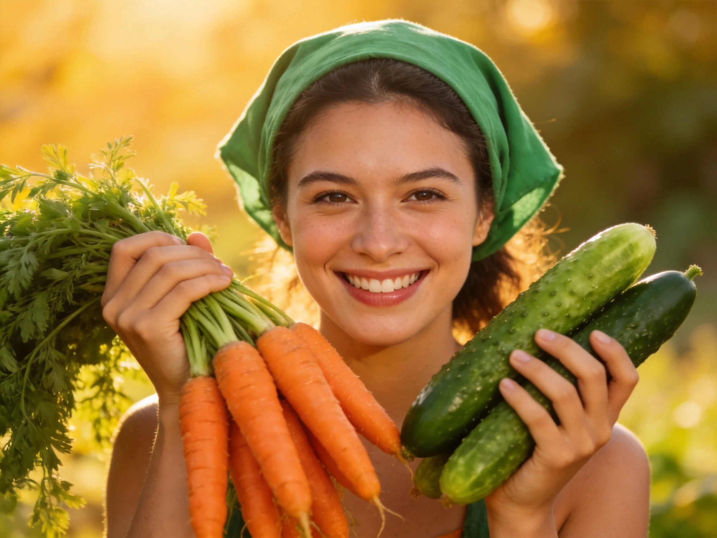 A woman in a green headscarf holds fresh carrots and cucumbers in a sunlit garden