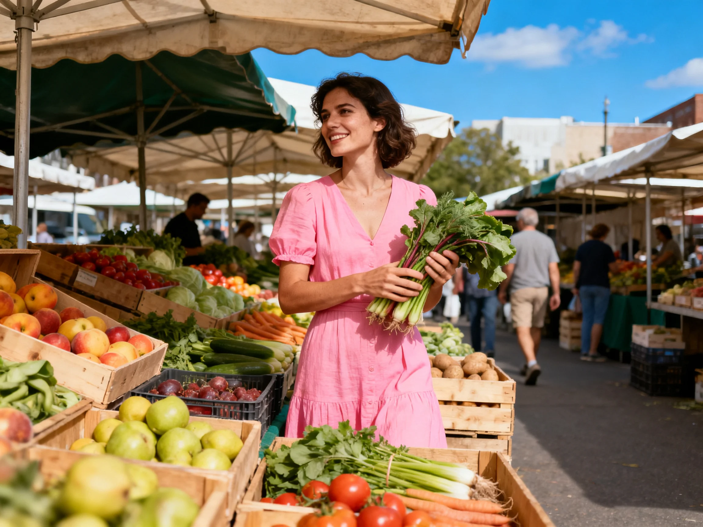 A woman in a pink dress holds leafy greens at an outdoor farmers market