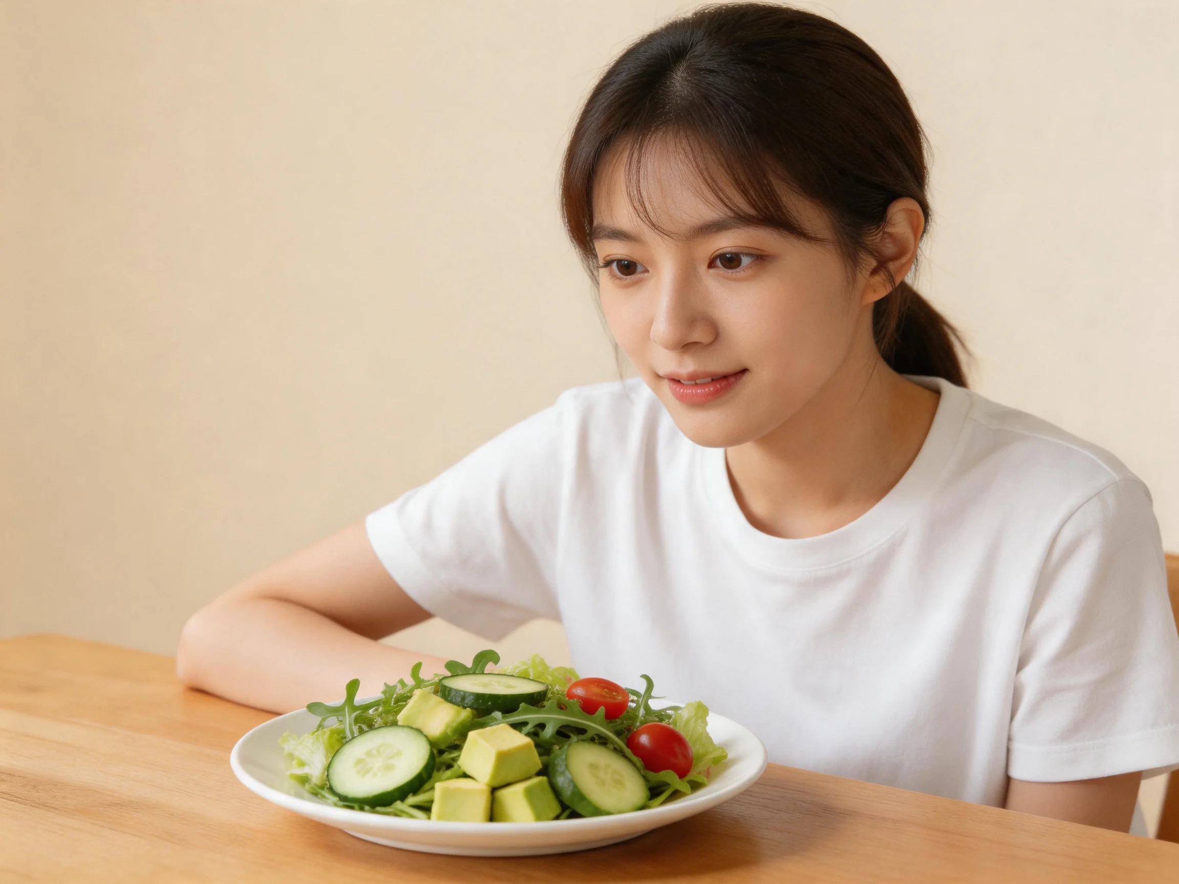 A woman in a white shirt sits at a wooden table with a fresh vegetable salad