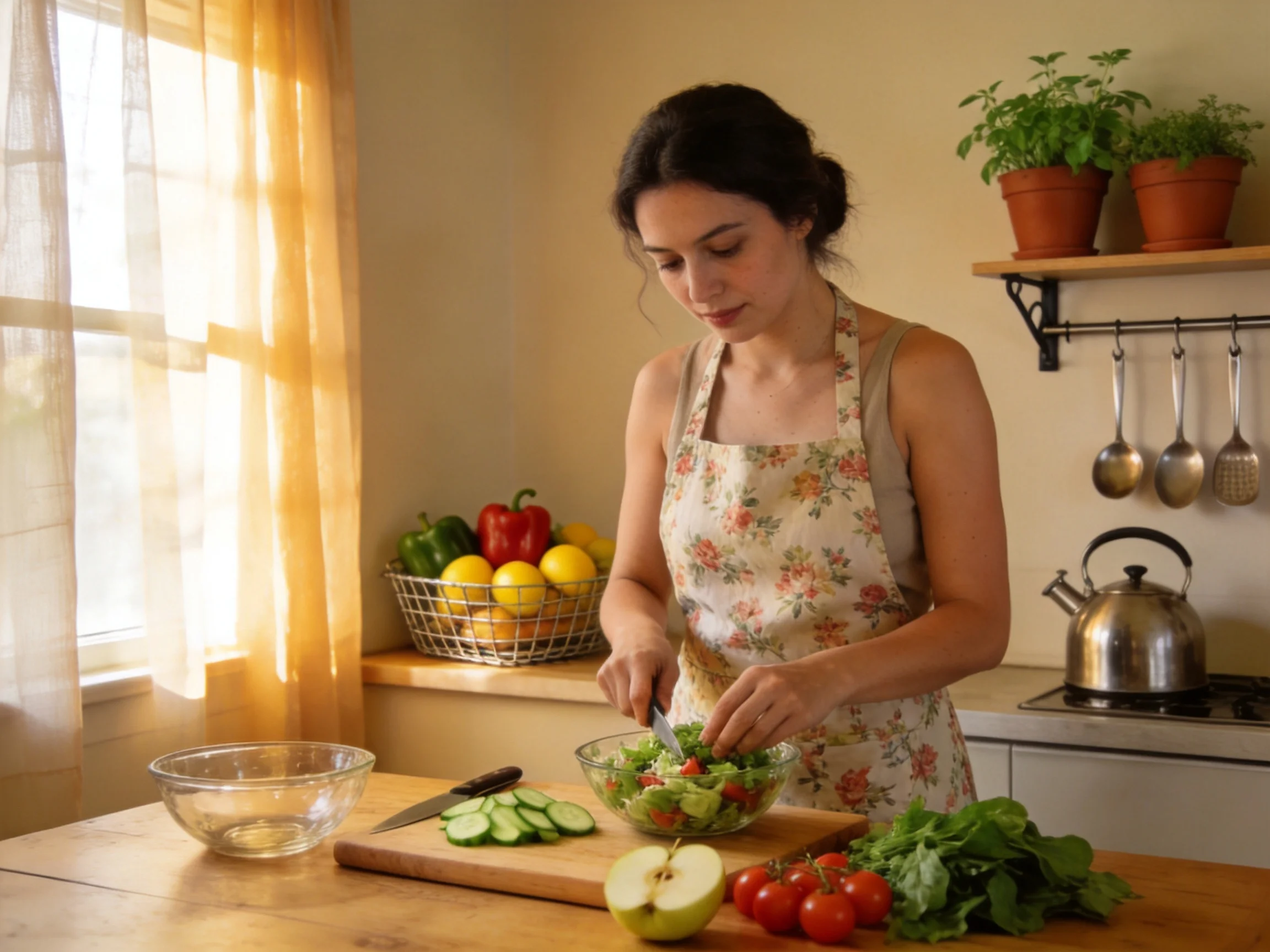 A woman prepares fresh vegetable salad in sunlit cozy kitchen