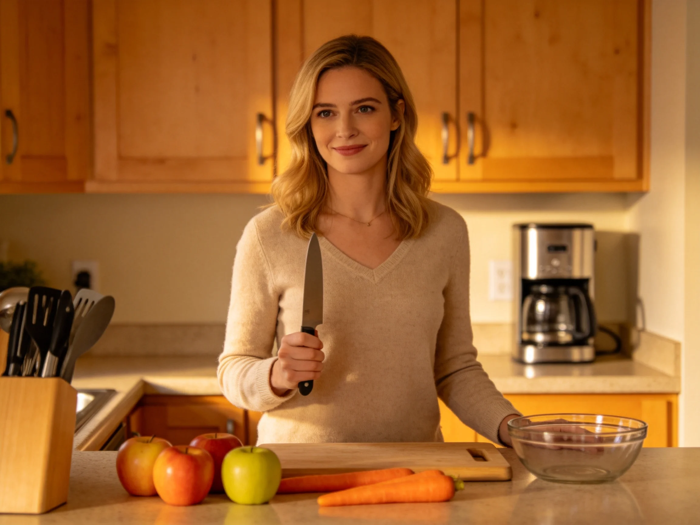 A woman preparing food with fresh produce in a warmly lit kitchen