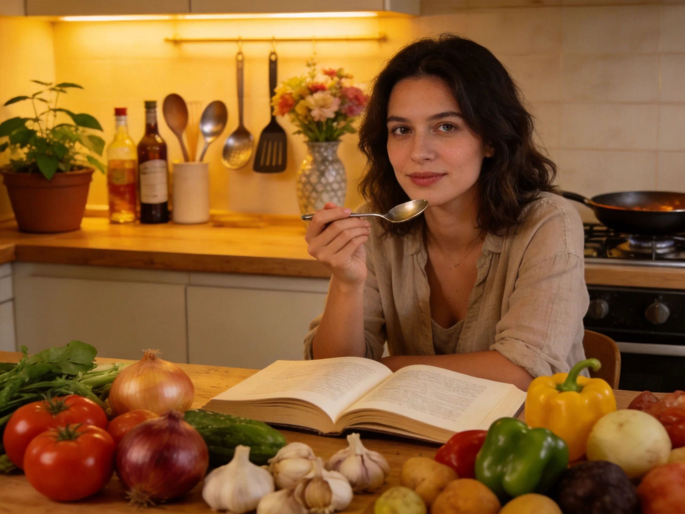 A woman sampling food with fresh vegetables and an open cookbook in a warmly lit kitchen