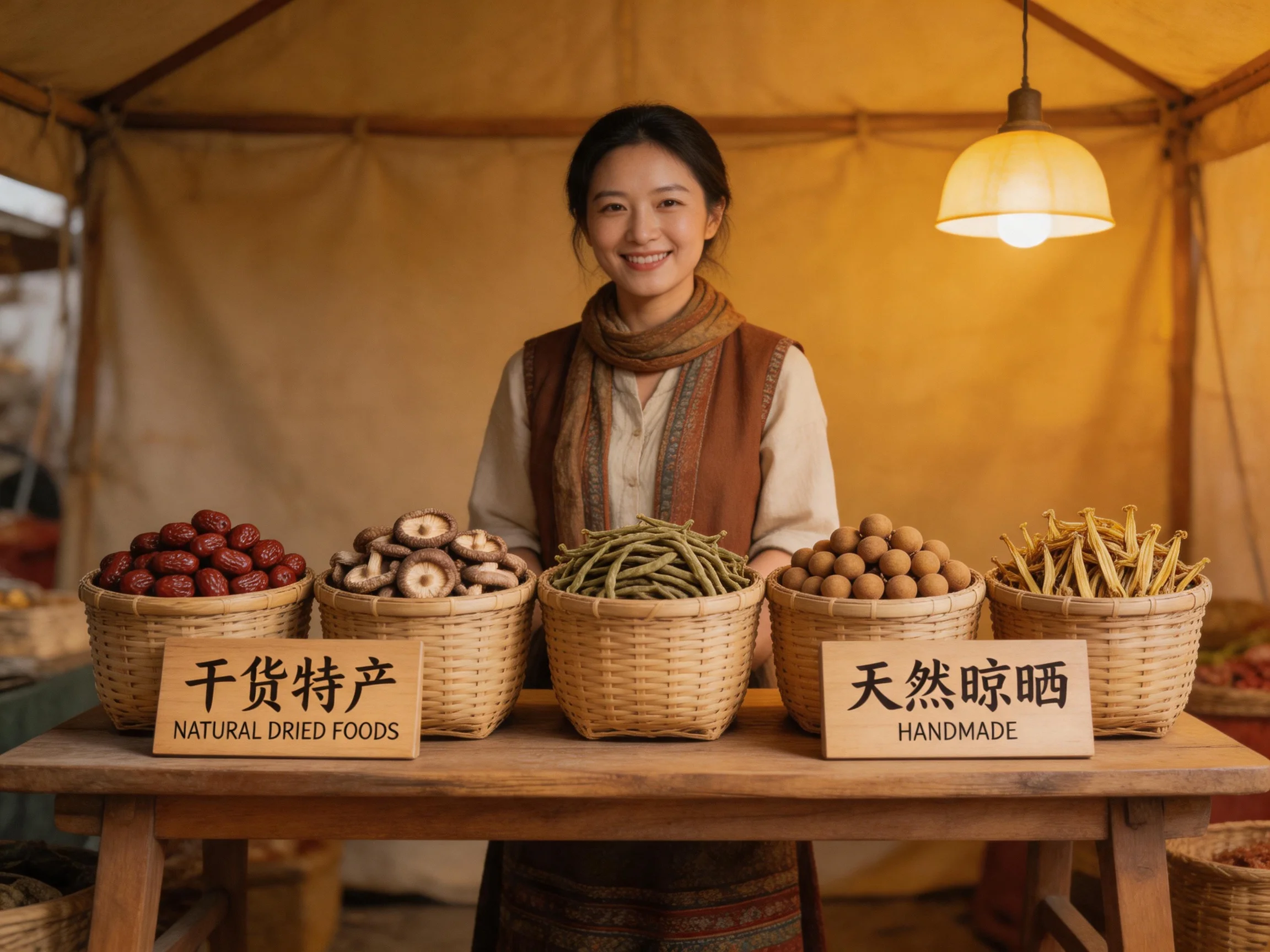 A woman sells colorful dried foods in a warmly lit market stall