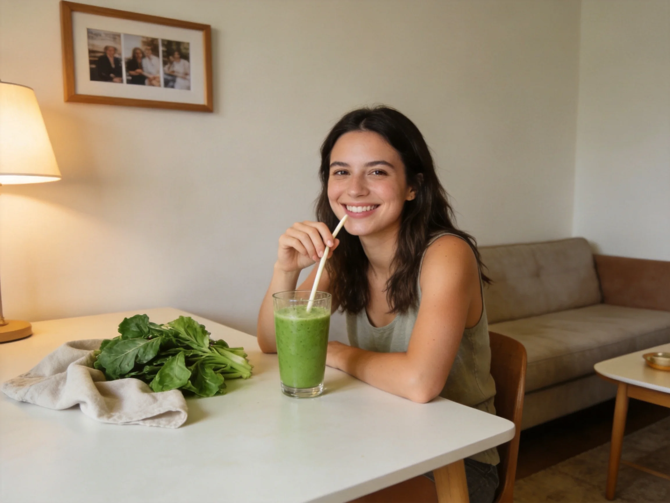 A woman sipping green smoothie near fresh leafy greens in a cozy room