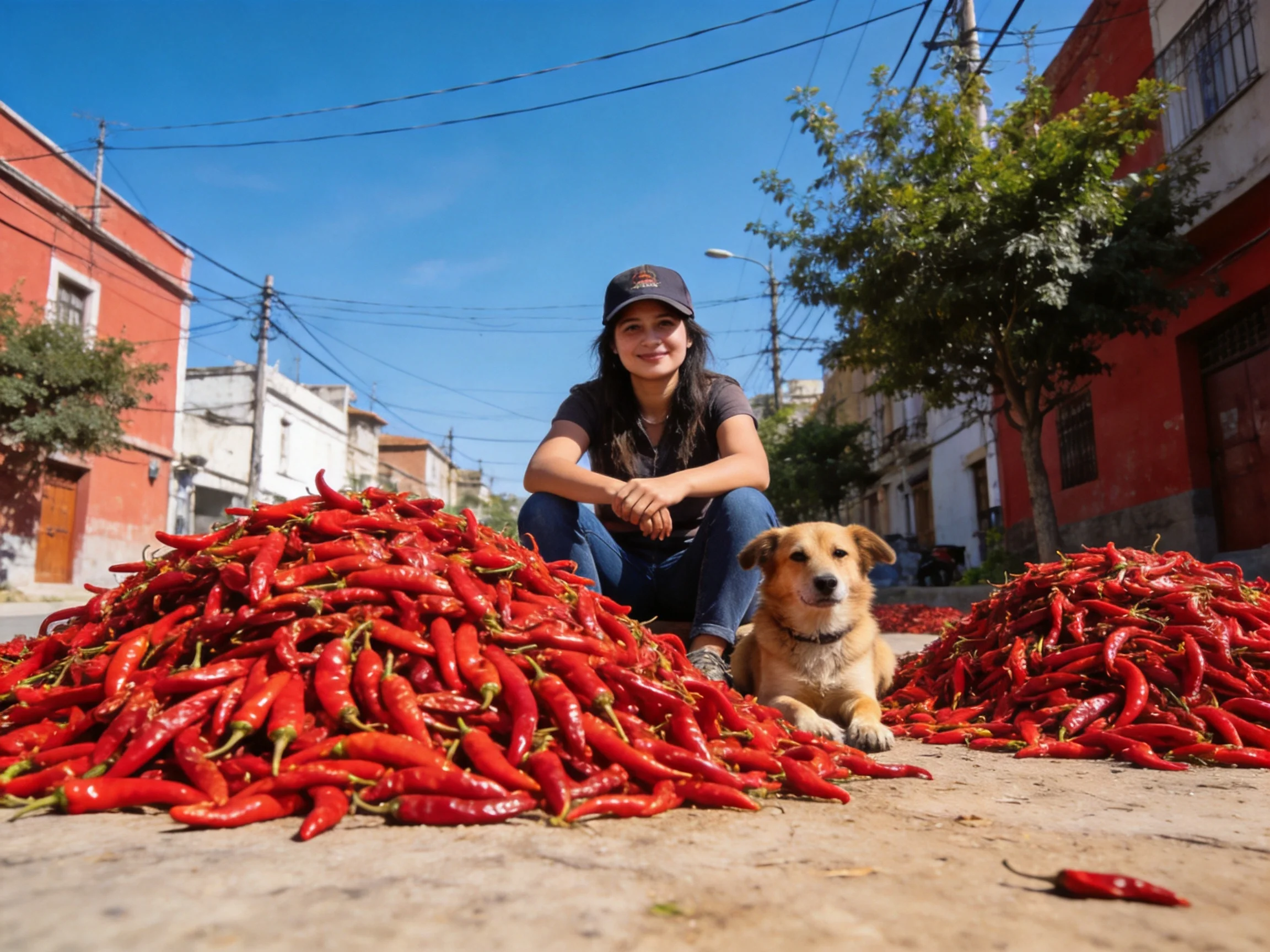 A woman sits between two large piles of red chili peppers with her dog nearby