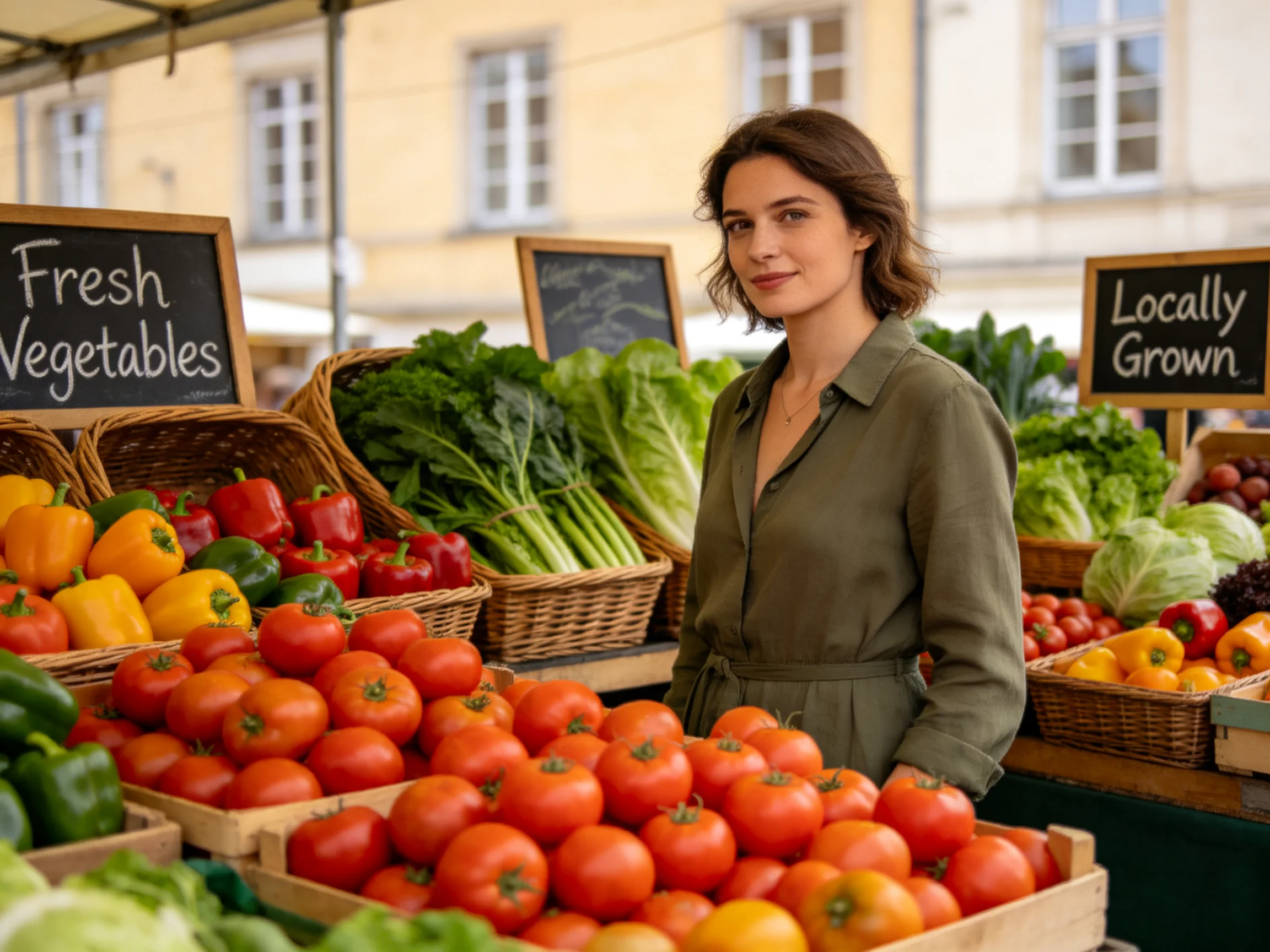A woman stands among colorful fresh vegetables at an outdoor farmers market