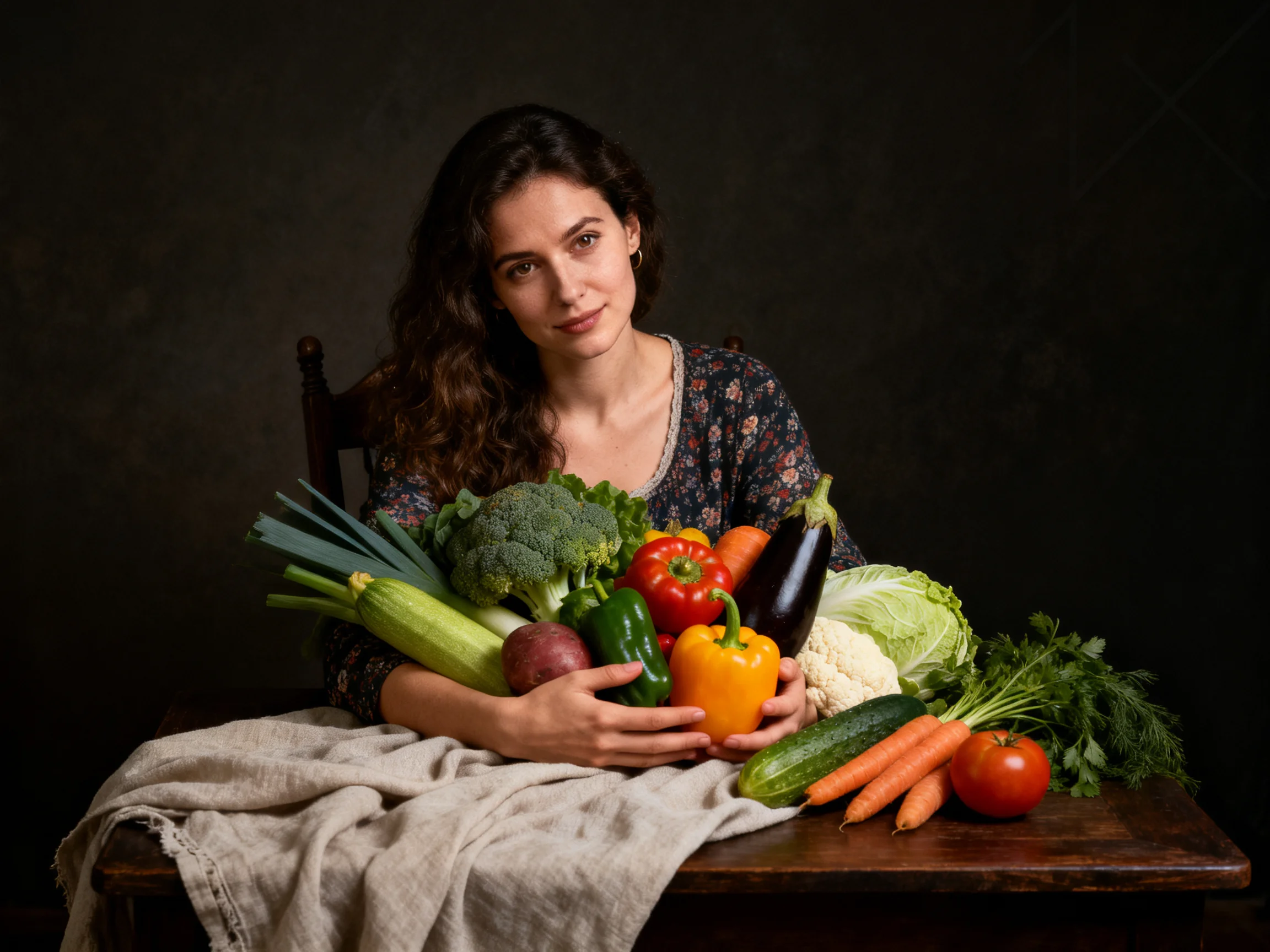 A woman surrounded by diverse colorful vegetables on a wooden table