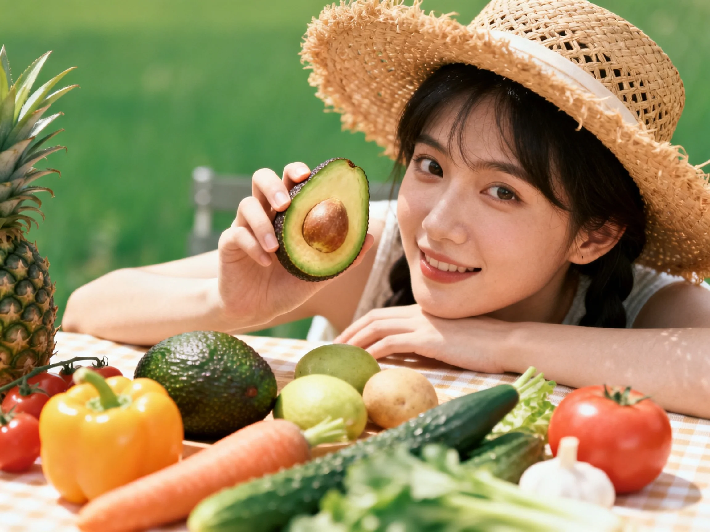 A woman wearing a straw hat shows avocado beside assorted fresh vegetables