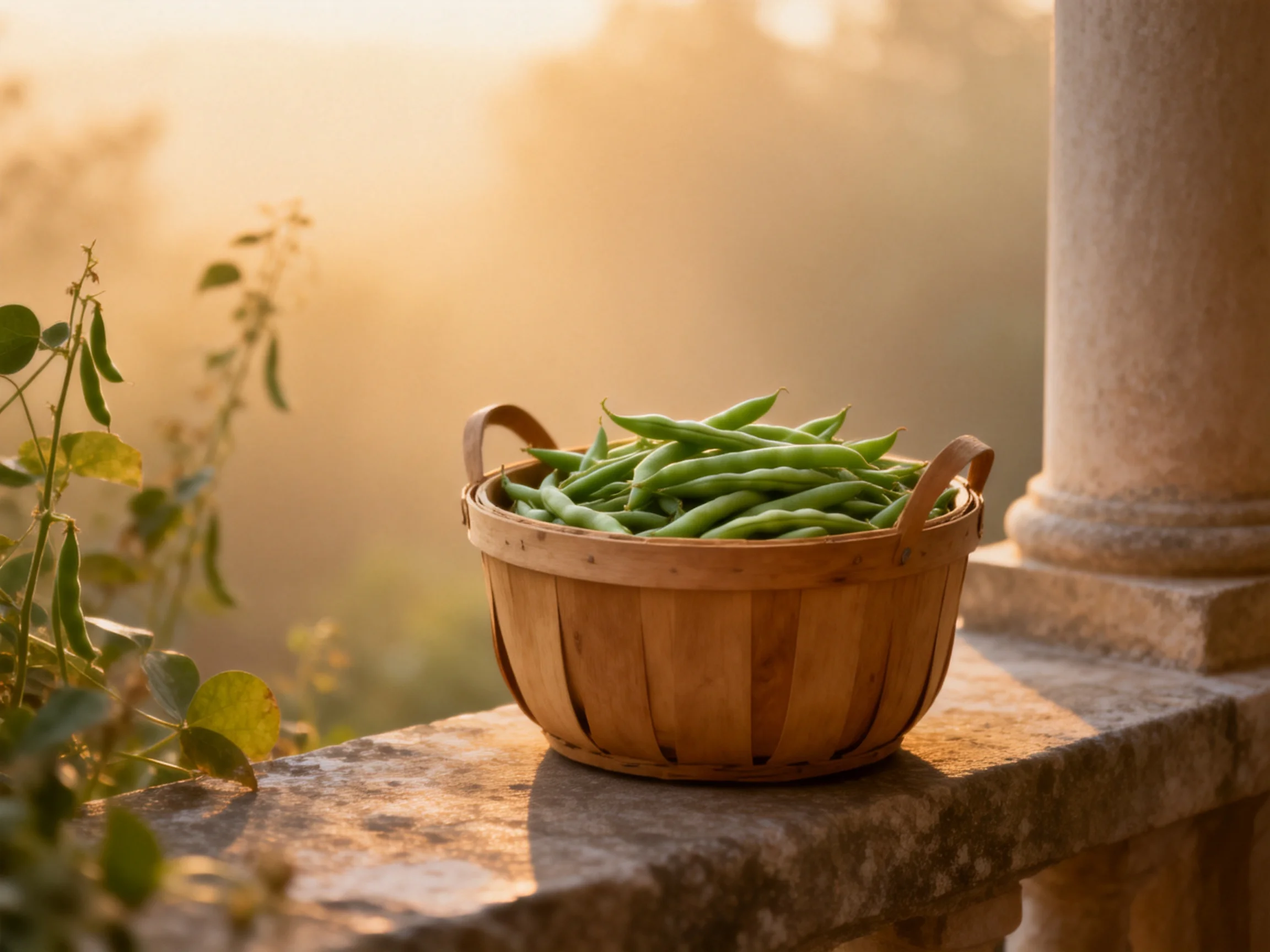 A wooden basket brimming with fresh green beans rests on a stone ledge beside a column