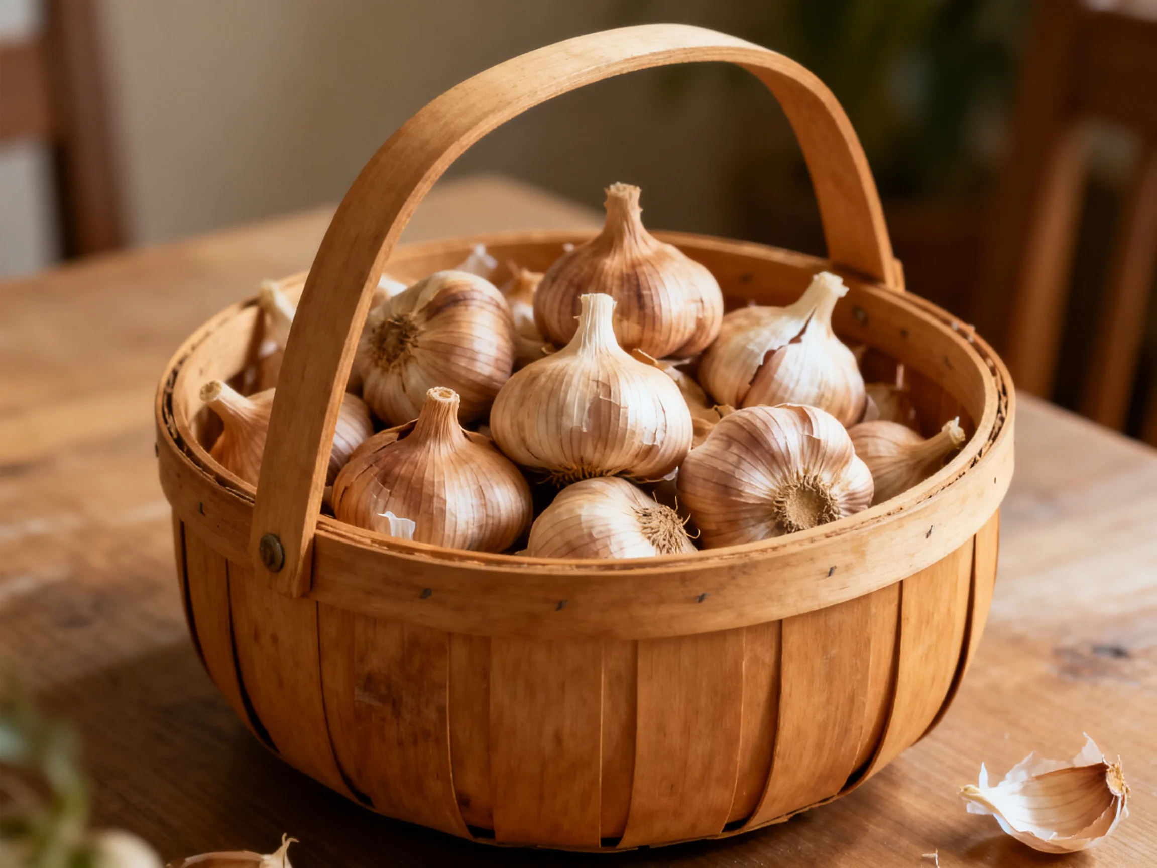 A wooden basket brimming with garlic bulbs on a wooden table