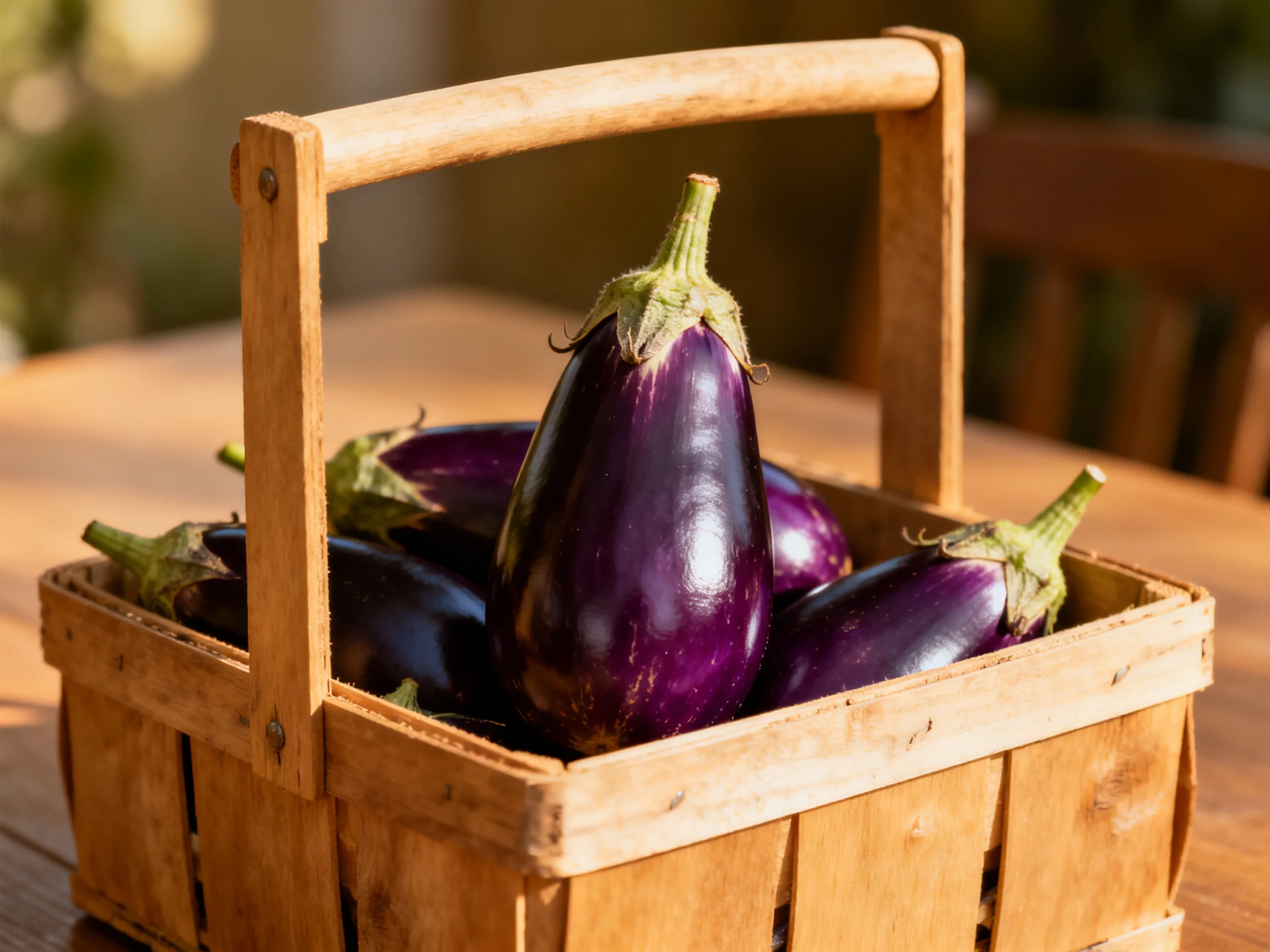 A wooden basket holds glossy purple eggplants on a wooden table
