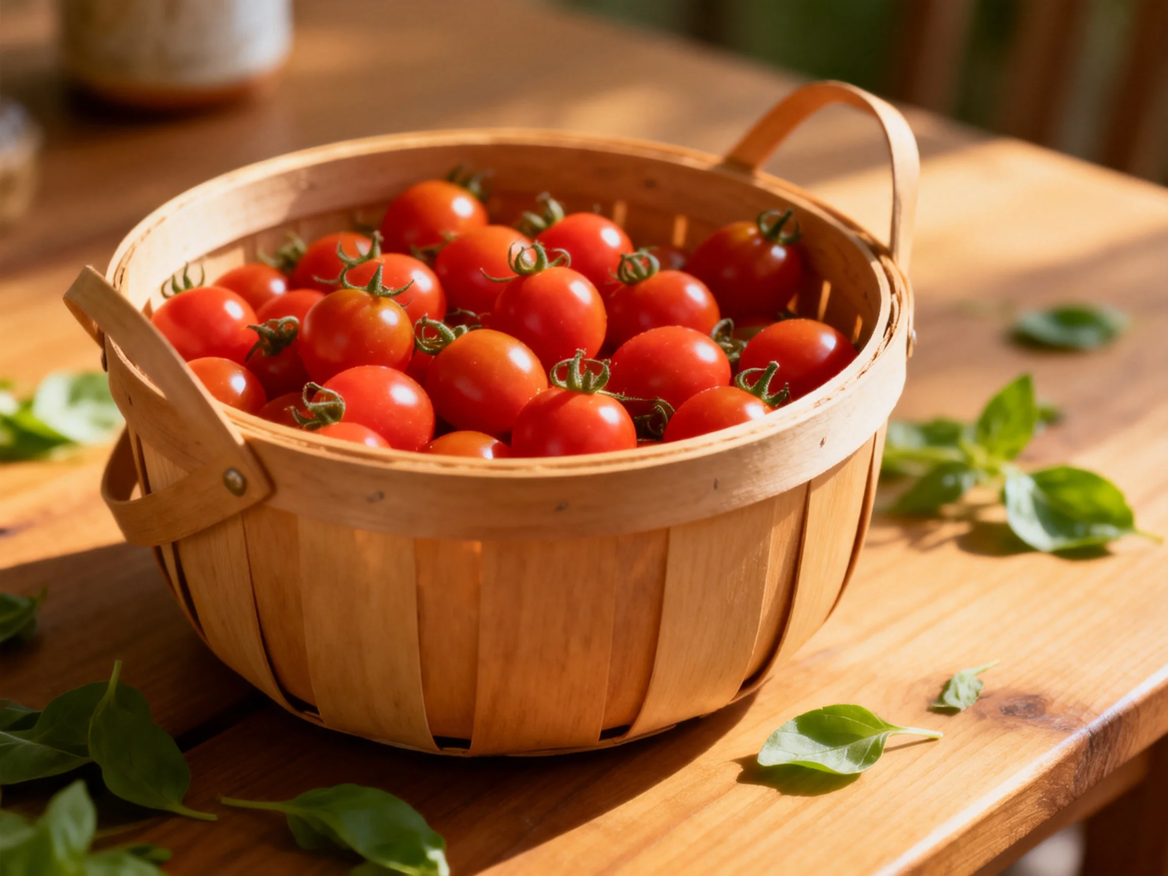 A wooden basket overflowing with vibrant red cherry tomatoes sits on a sunlit wooden table