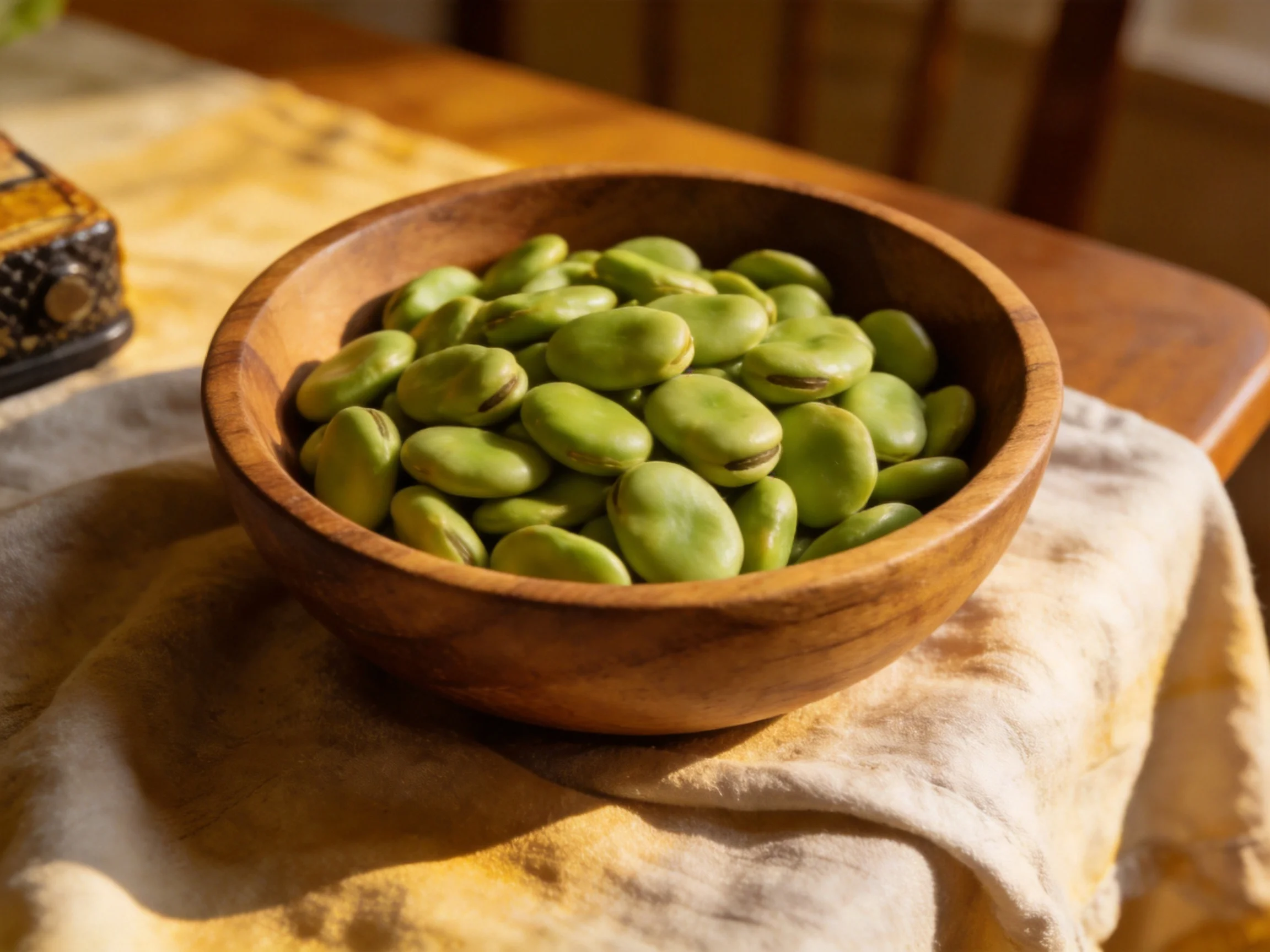 A wooden bowl brimming with fresh green broad beans on a textured cloth