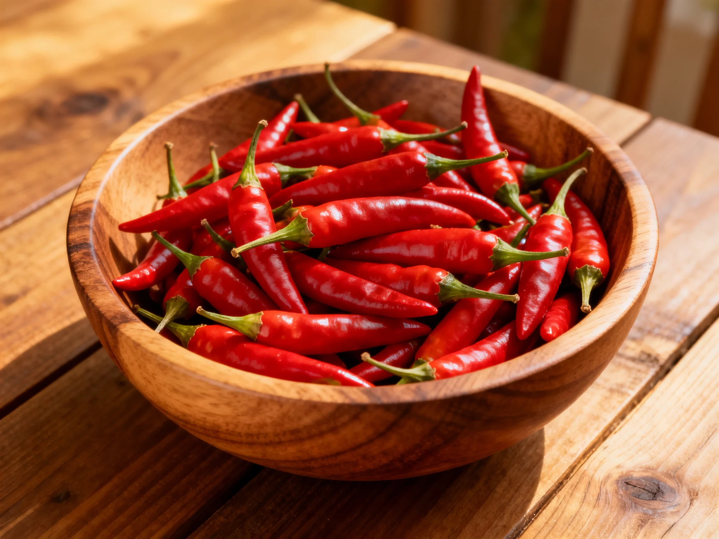 A wooden bowl filled with numerous bright red chili peppers on a wooden table