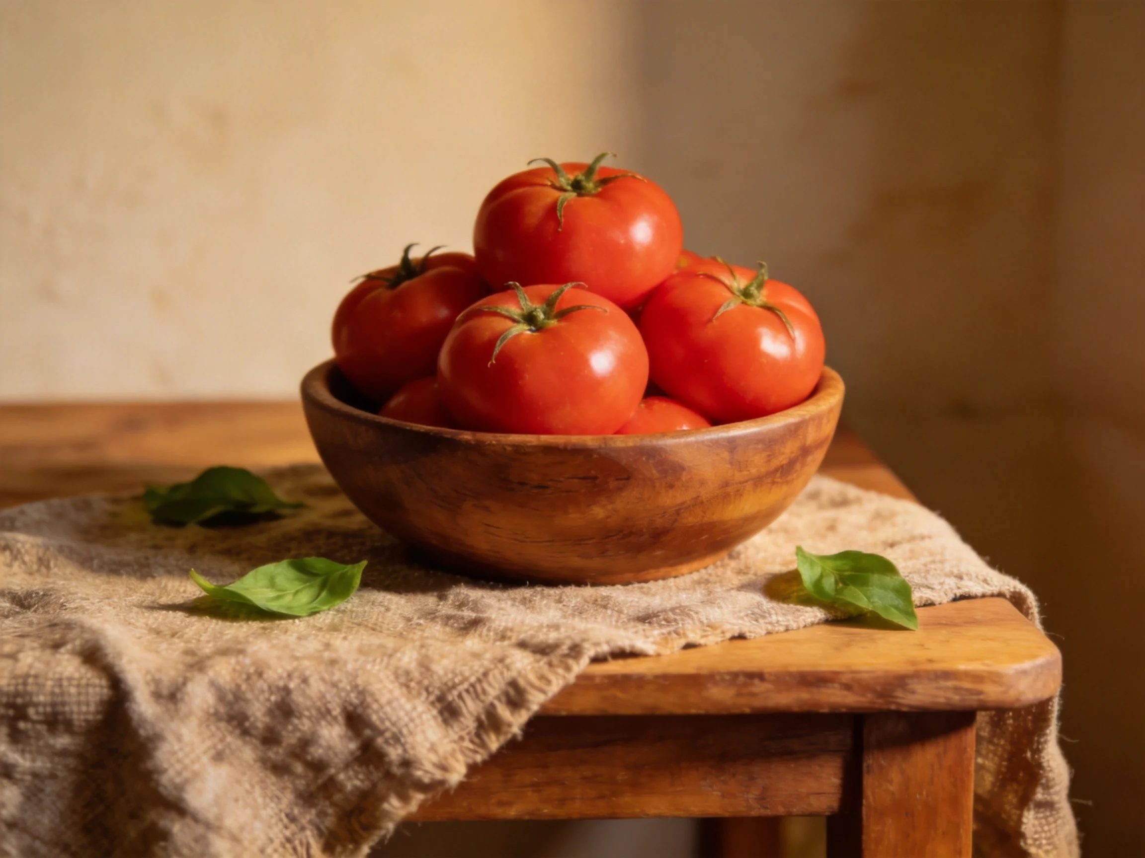 A wooden bowl filled with plump red tomatoes on a rustic table