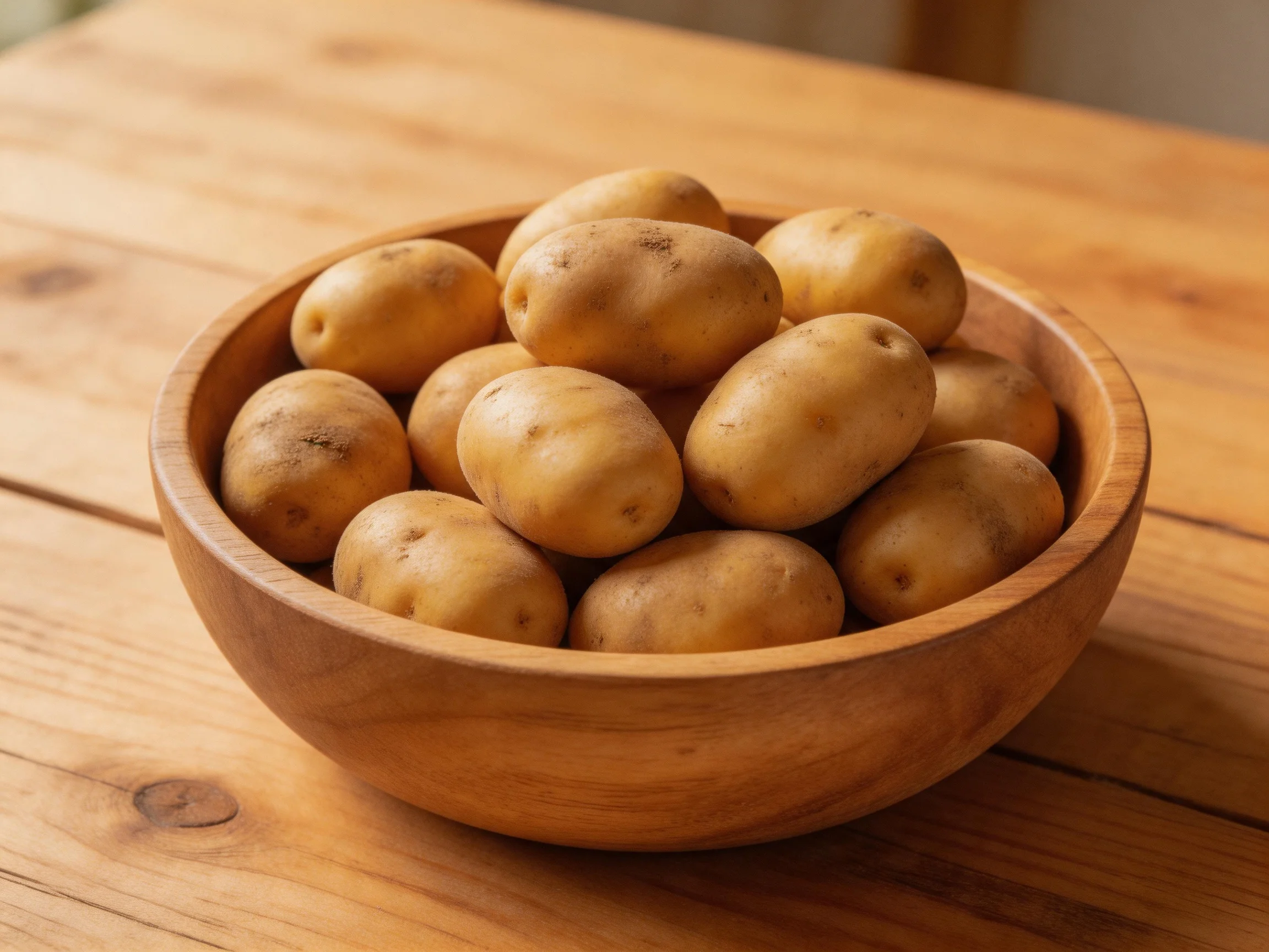 A wooden bowl filled with small yellow potatoes on a wooden table