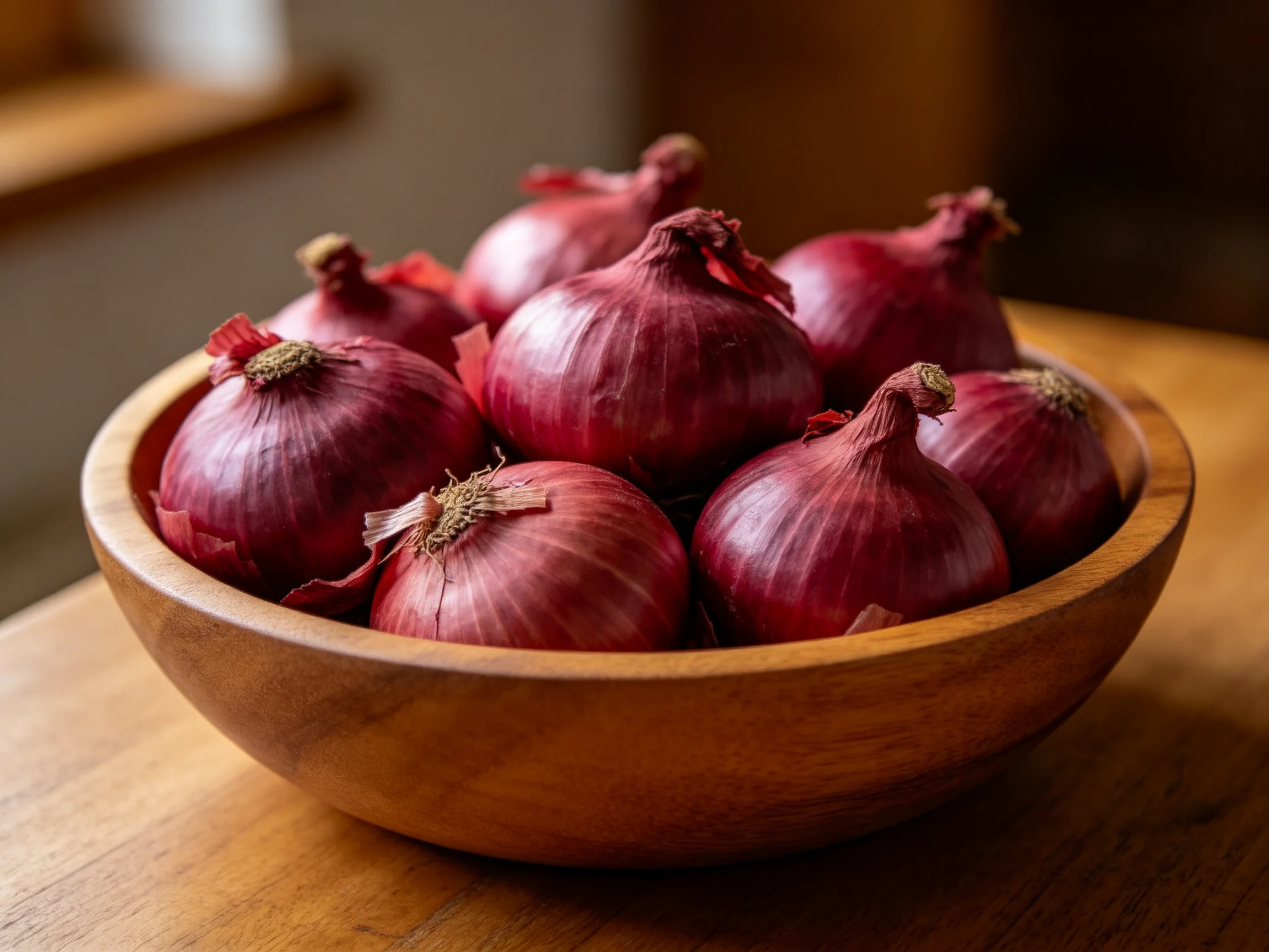 A wooden bowl filled with vibrant red onions on a wooden surface