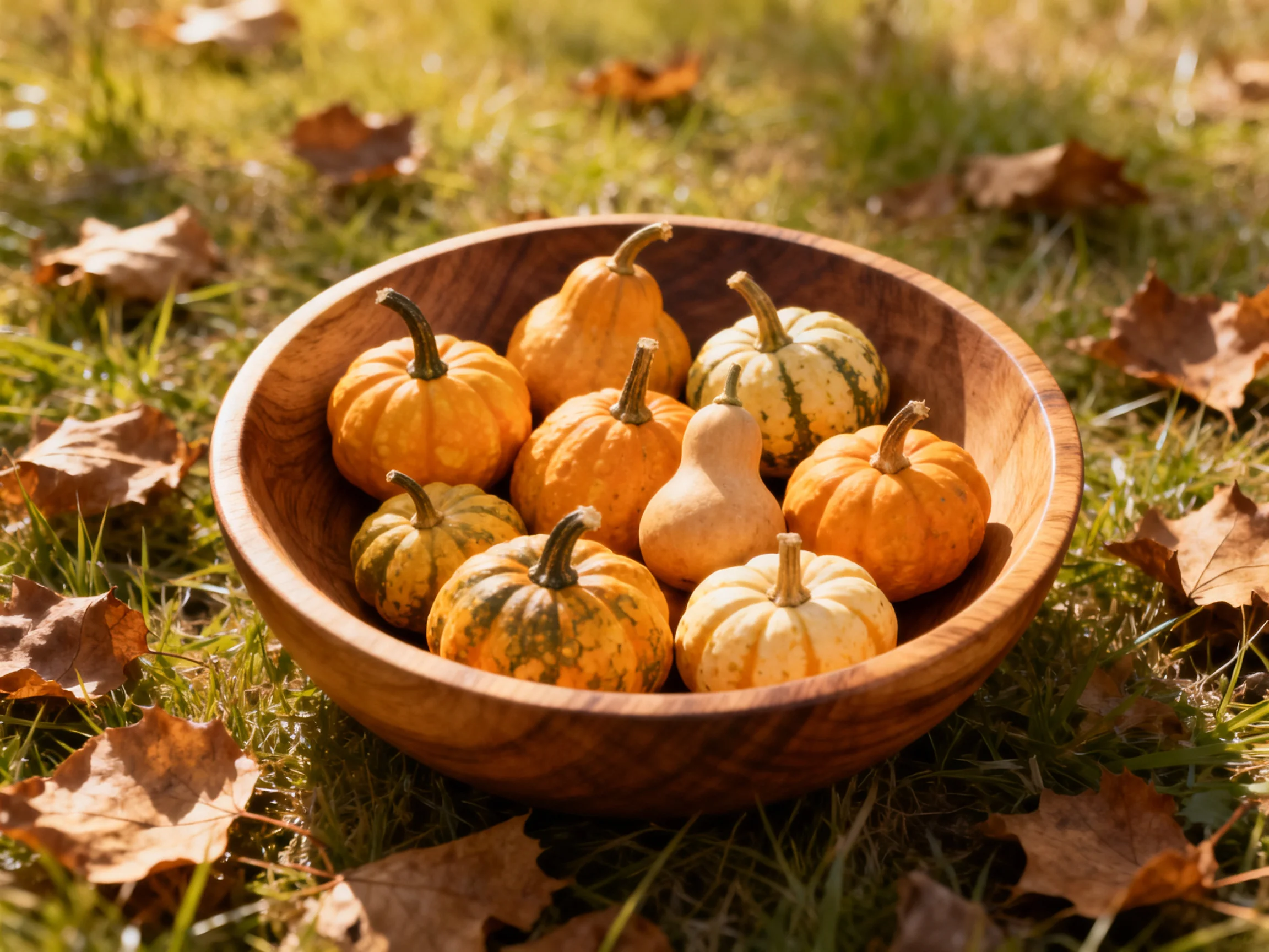 A wooden bowl holding nine colorful miniature squashes on grass with autumn leaves