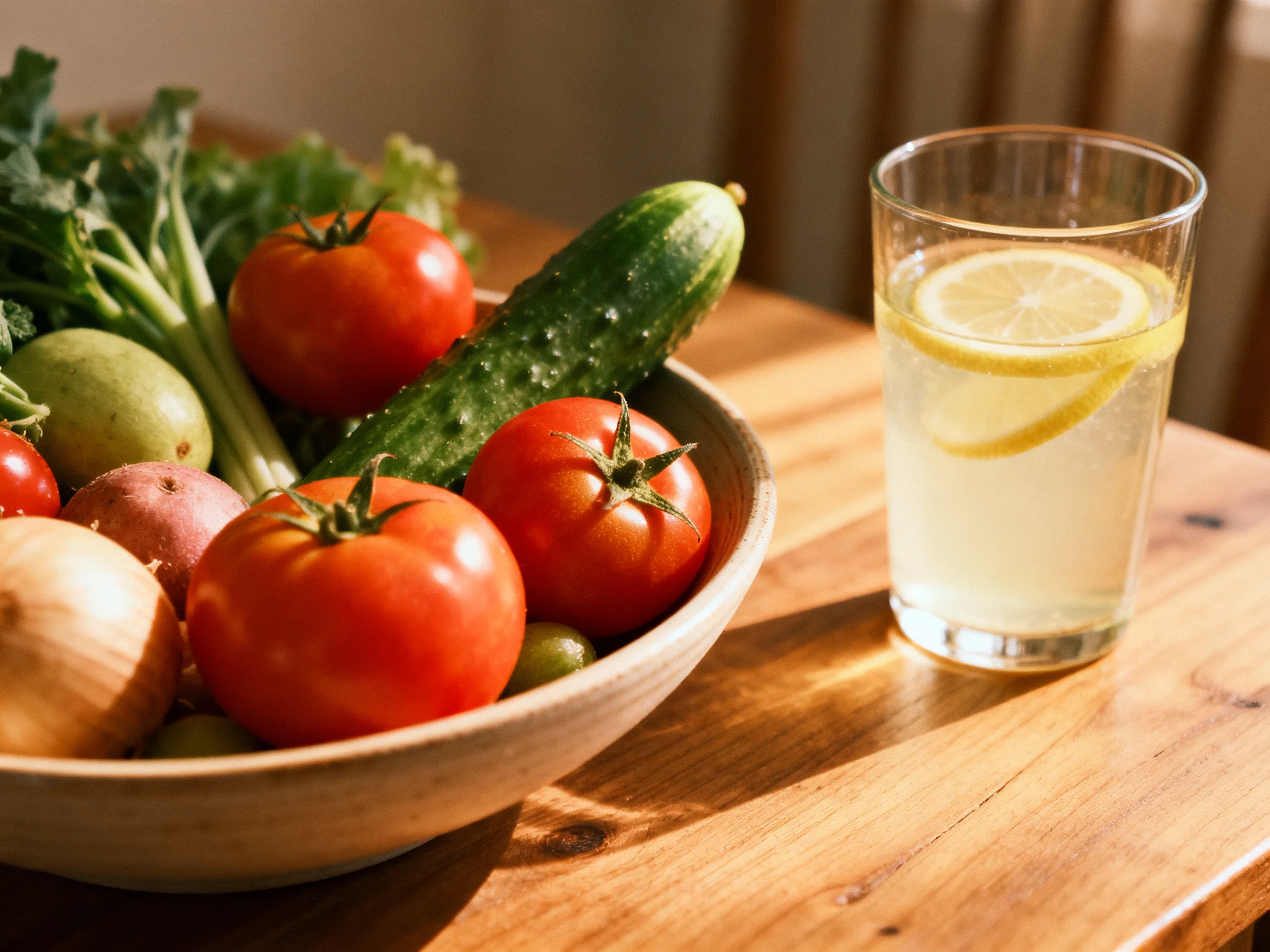 A wooden bowl holds assorted fresh vegetables beside a glass of lemon water