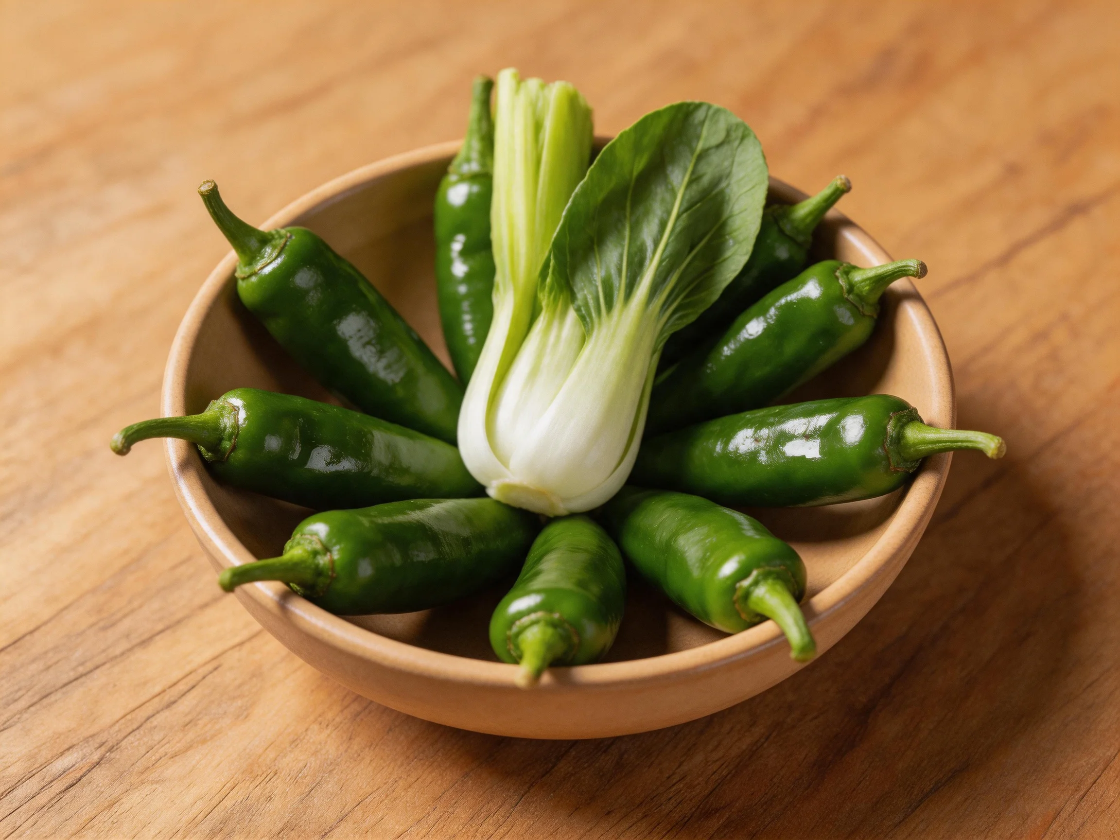 A wooden bowl holds glossy green chilies and a bok choy