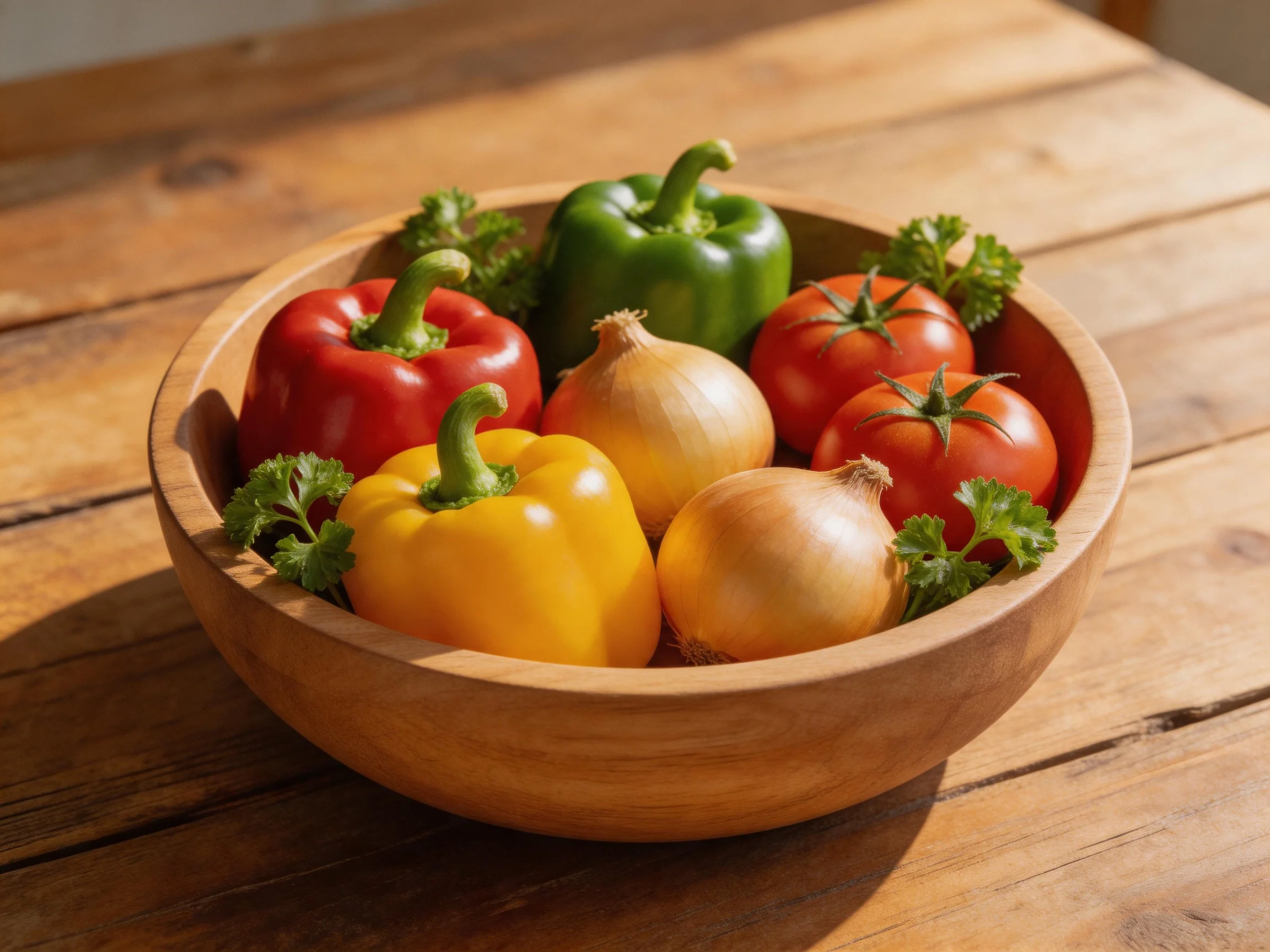 A wooden bowl holds red, green, yellow bell peppers, tomatoes, onions, and parsley