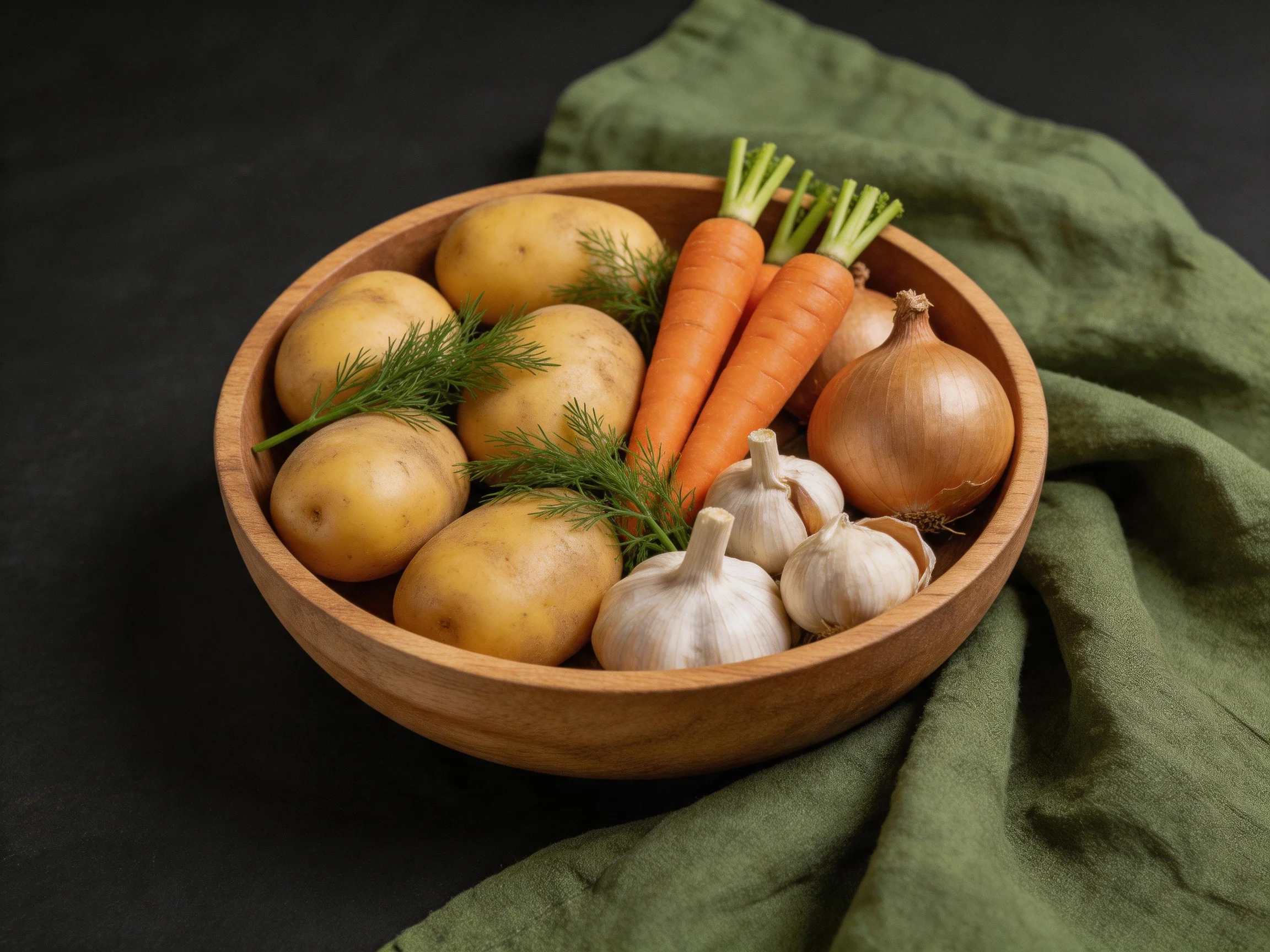A wooden bowl holds six potatoes, two carrots, an onion, and garlic with fresh herbs
