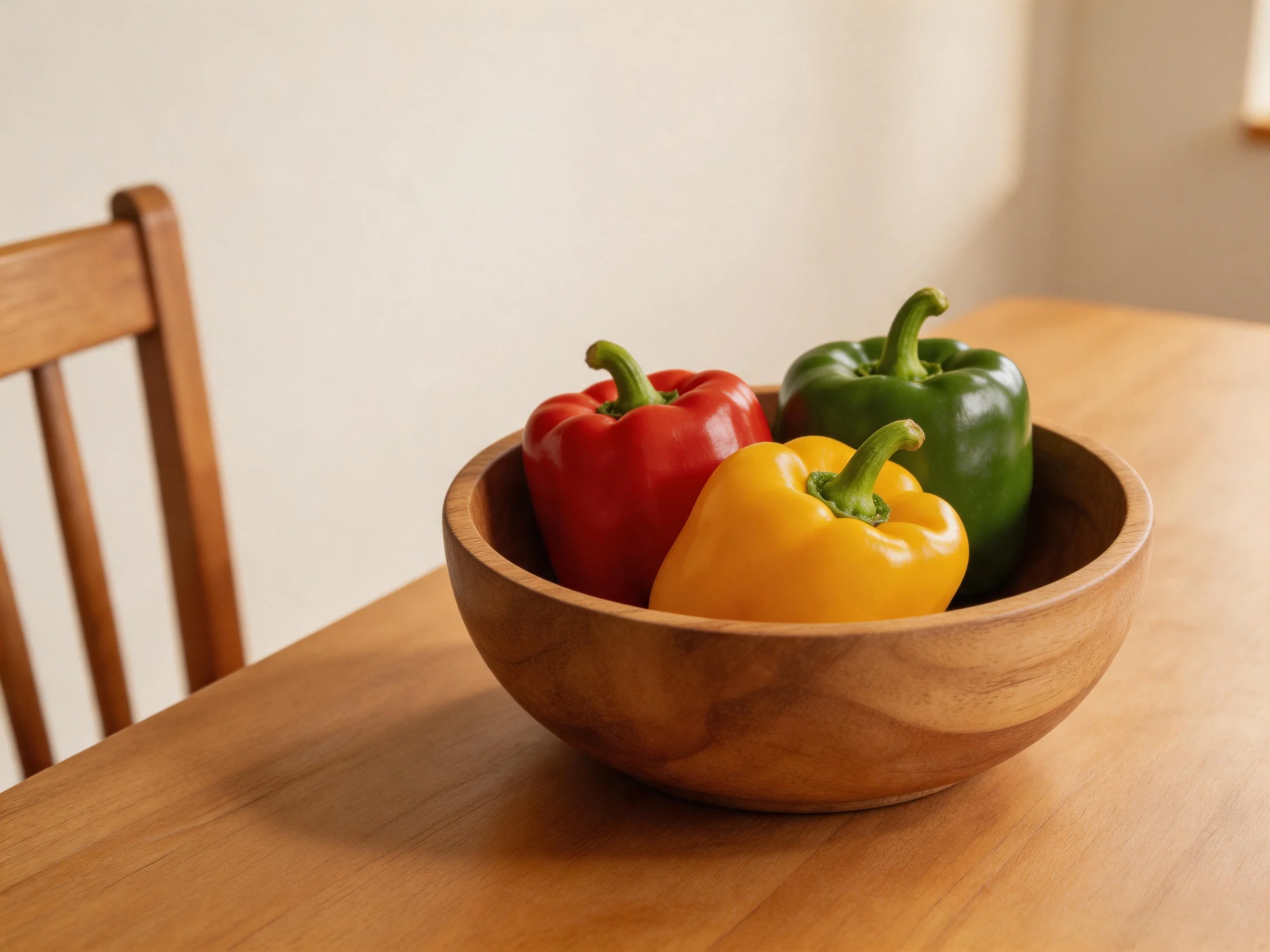 A wooden bowl holds three colorful bell peppers on a wooden table