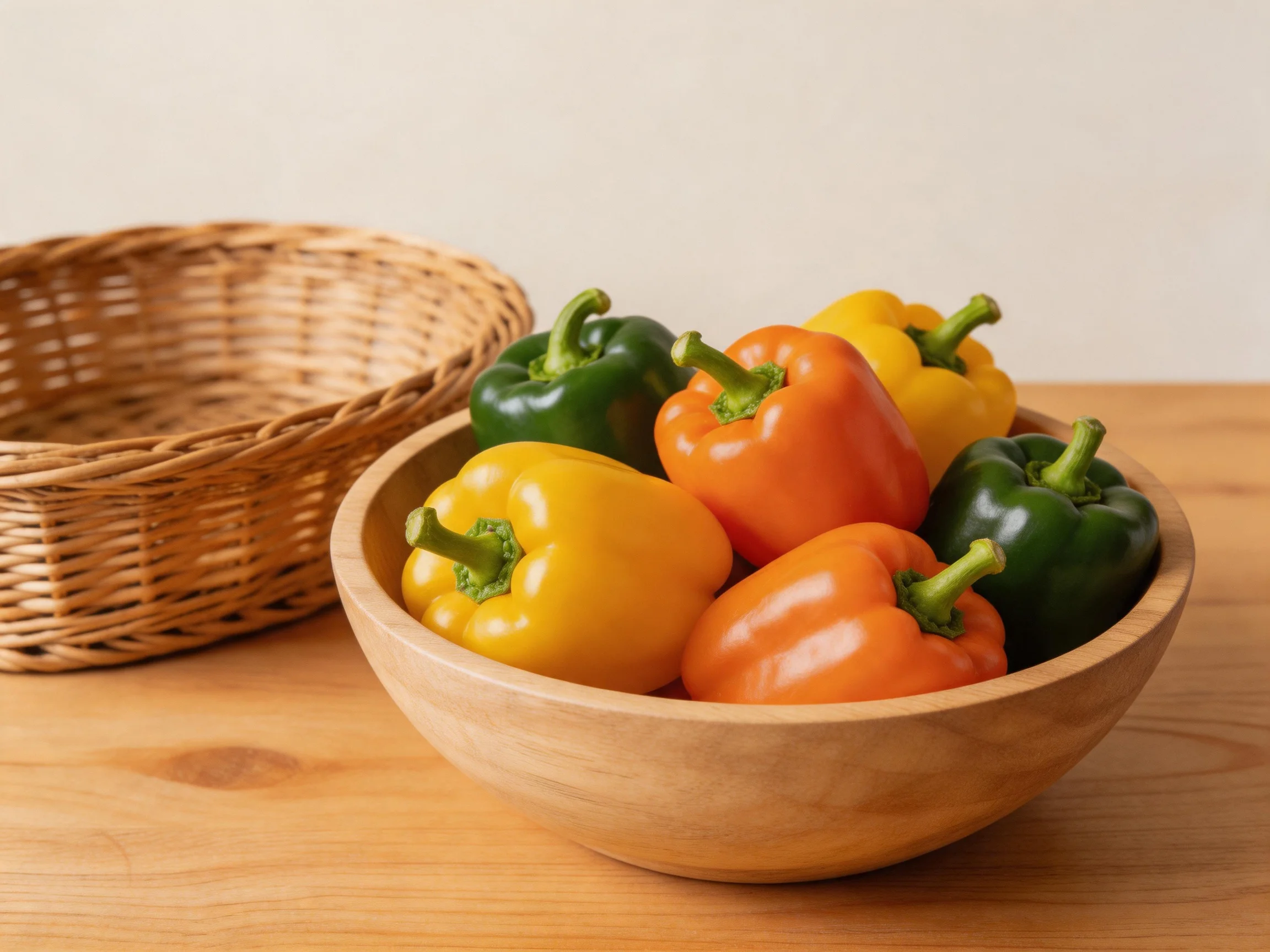 A wooden bowl holds vibrant multicolored bell peppers beside an empty wicker basket