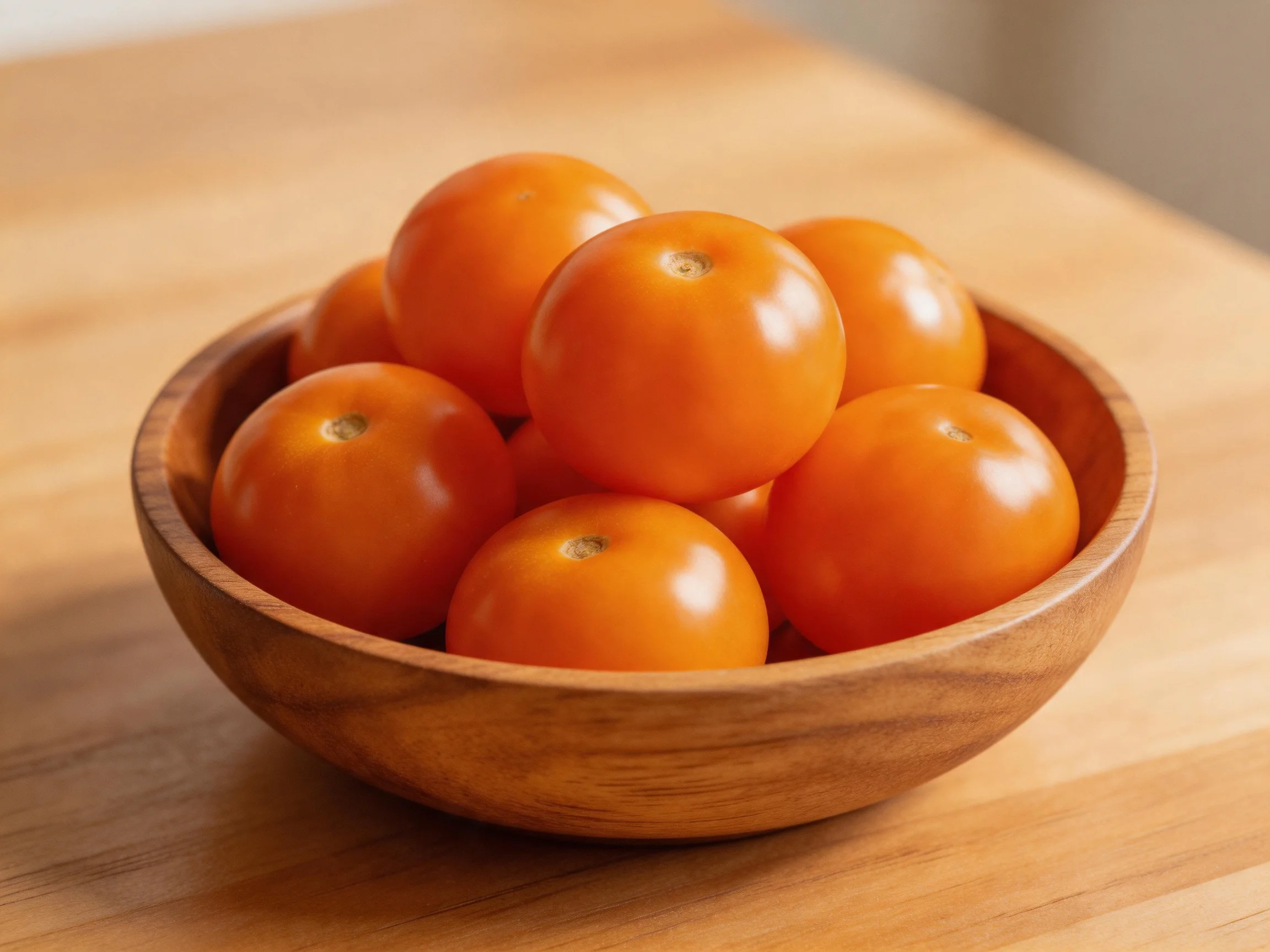A wooden bowl holds vibrant orange cherry tomatoes on a light wood surface