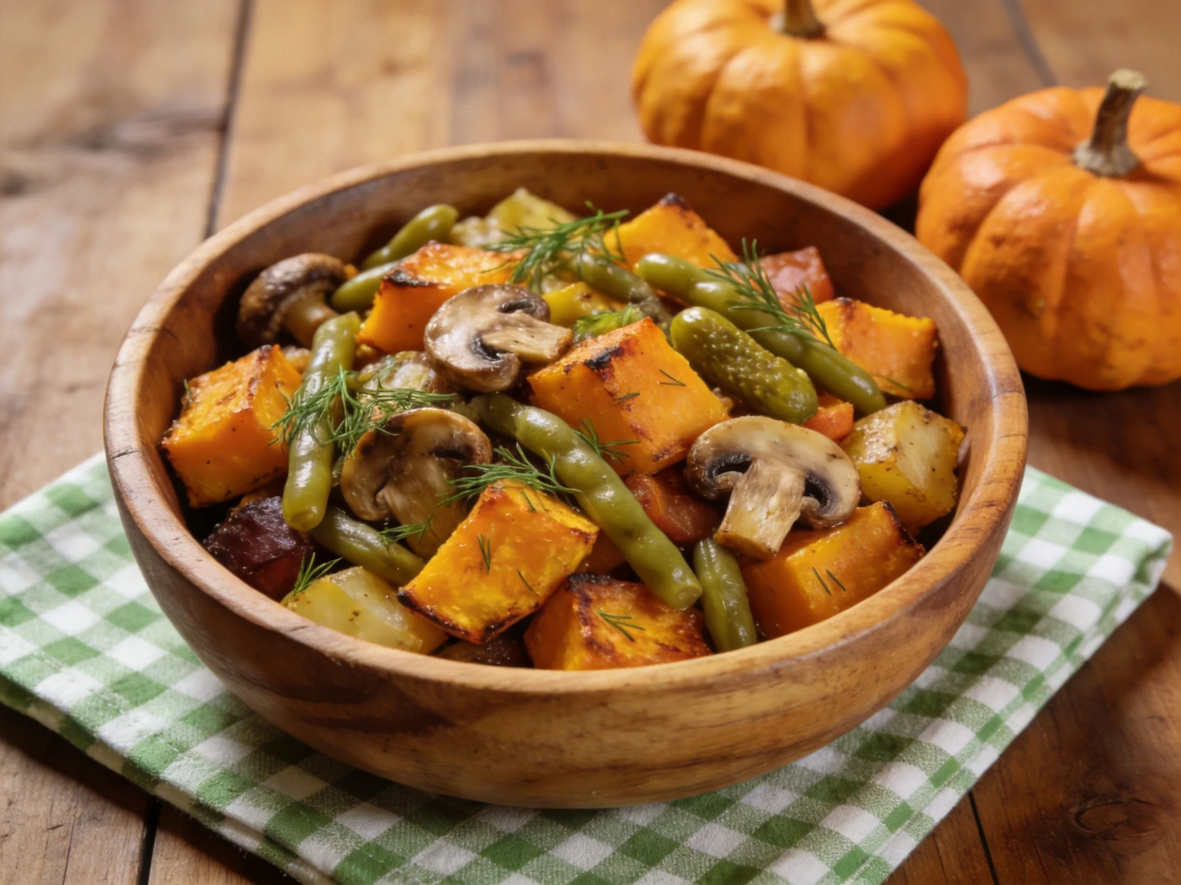 A wooden bowl of roasted squash, mushrooms, and green beans with small pumpkins nearby