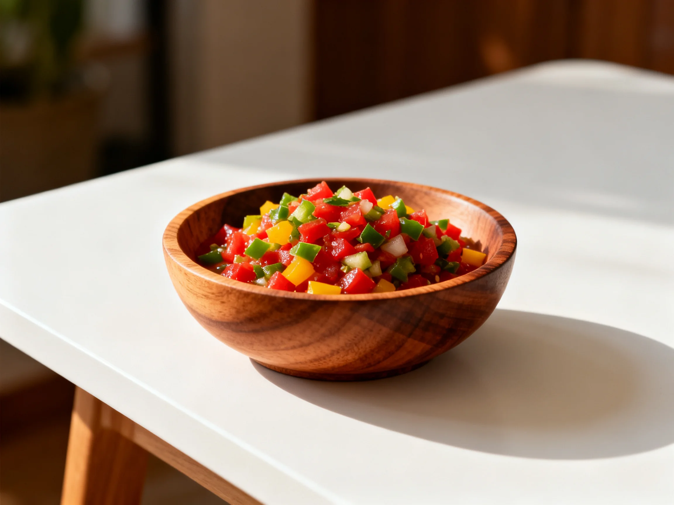A wooden bowl of vibrant mixed vegetable salsa on a white table