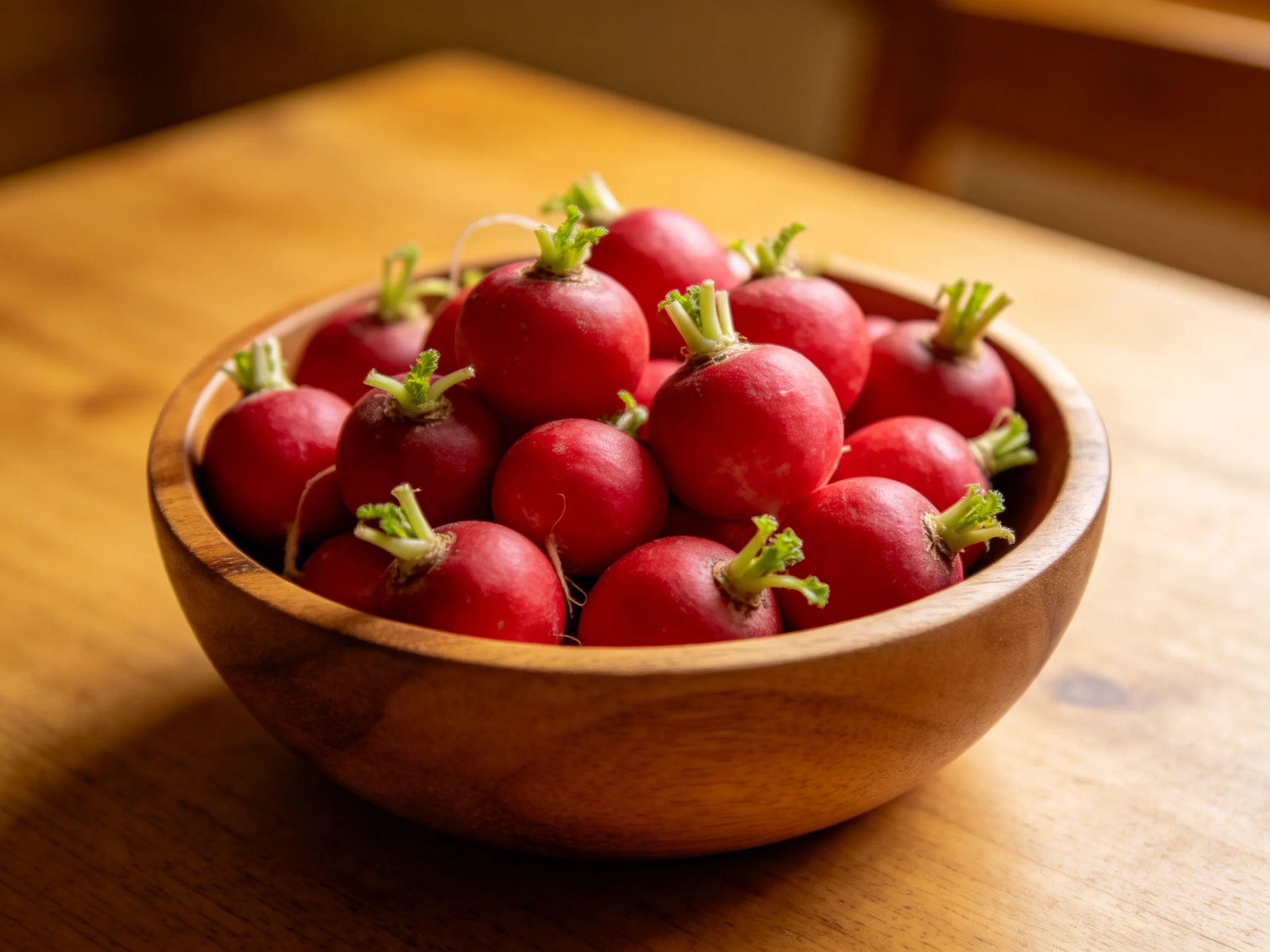 A wooden bowl overflowing with vibrant red radishes on a wooden table