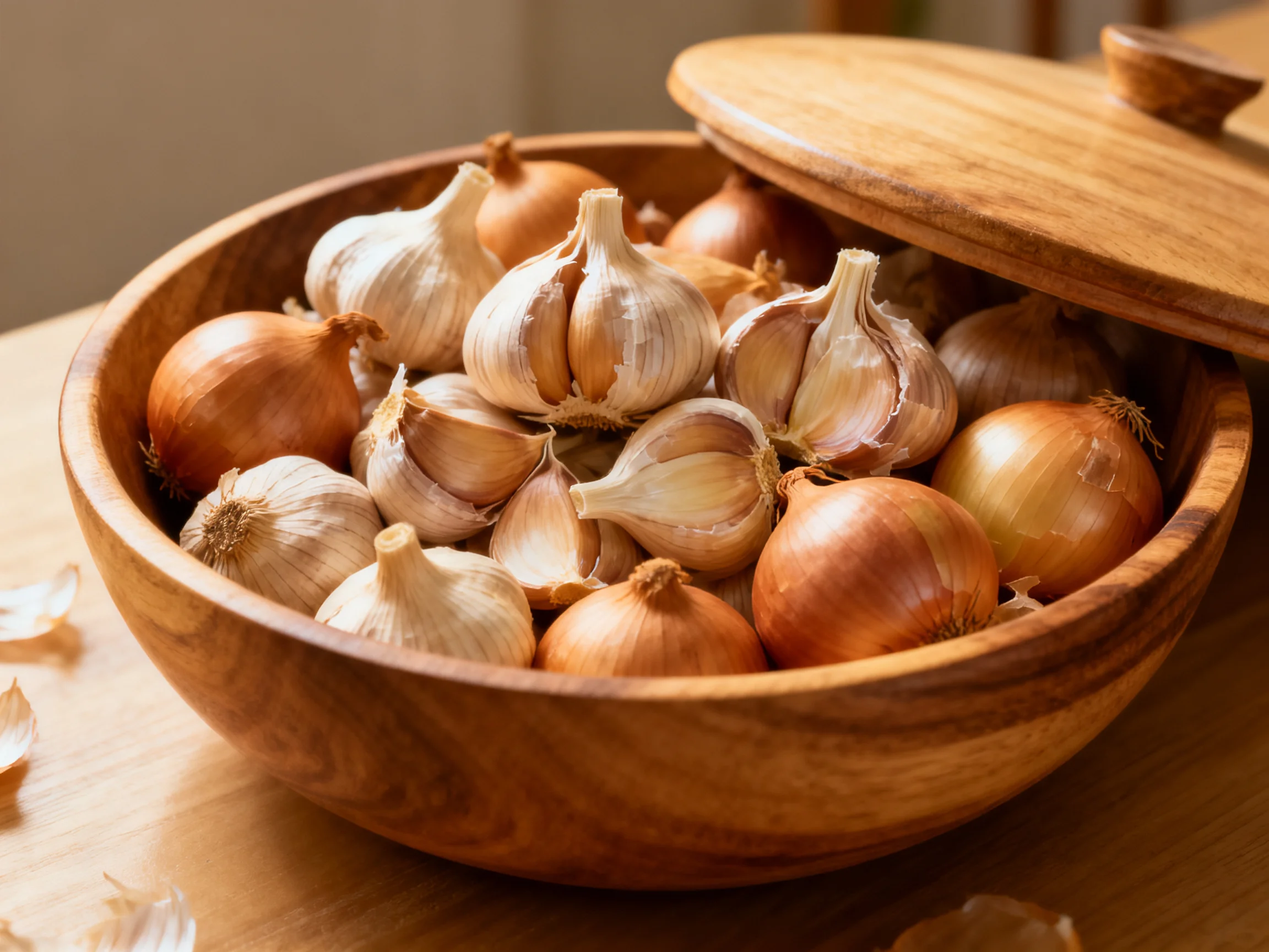A wooden bowl overflows with garlic and onions, showcasing natural textures
