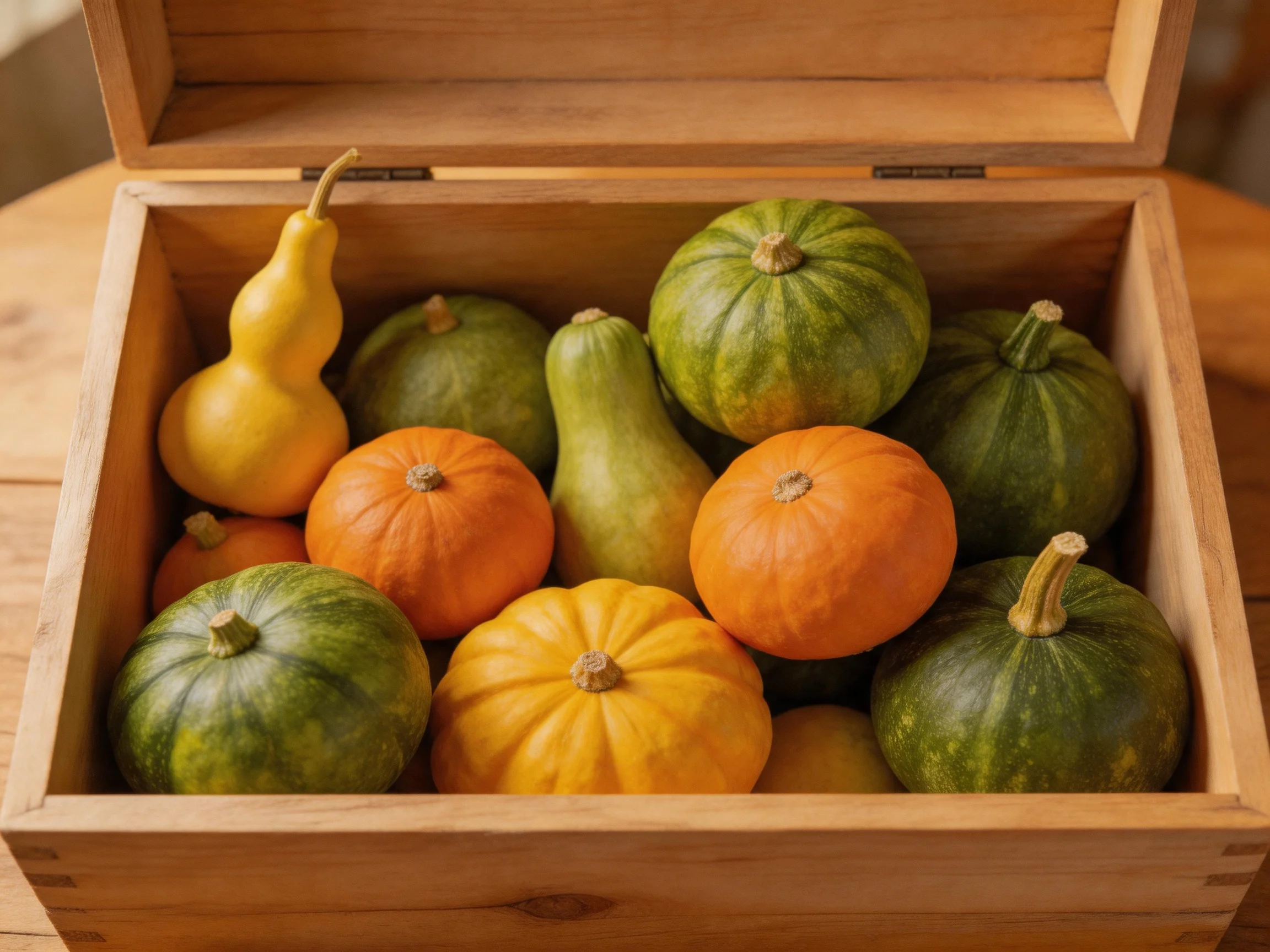 A wooden box filled with colorful gourds and pumpkins