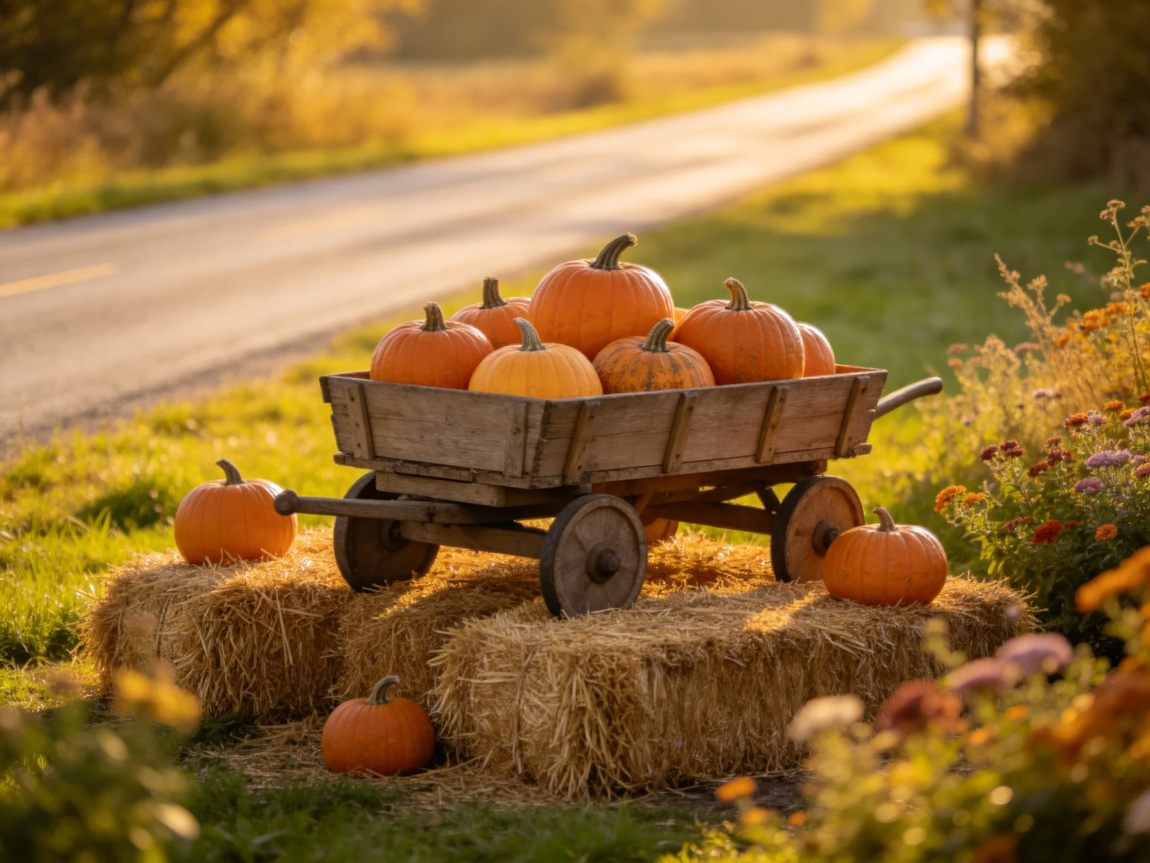 A wooden cart filled with pumpkins sits on hay bales near a country road