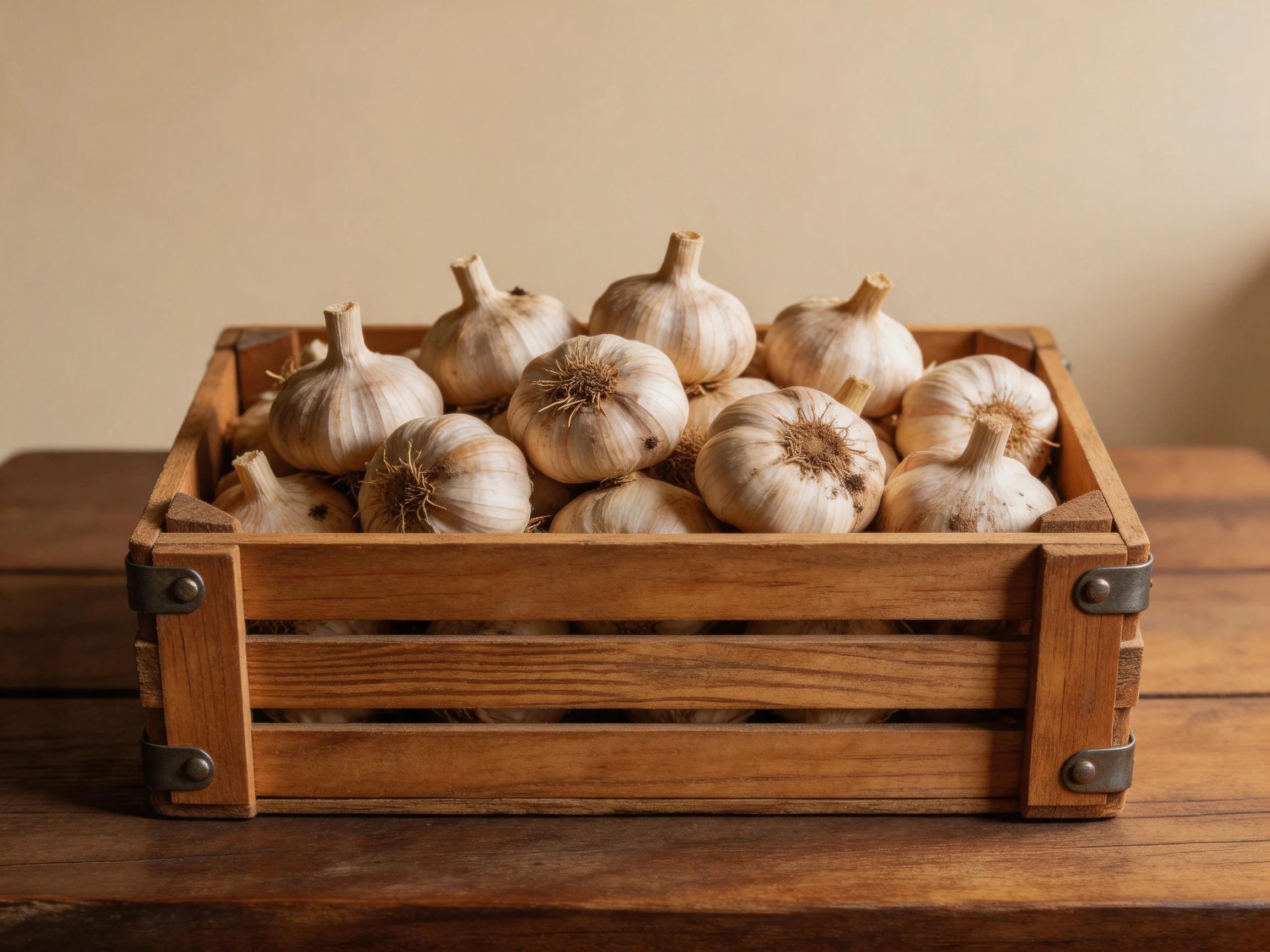 A wooden crate brimming with garlic bulbs on a wooden table