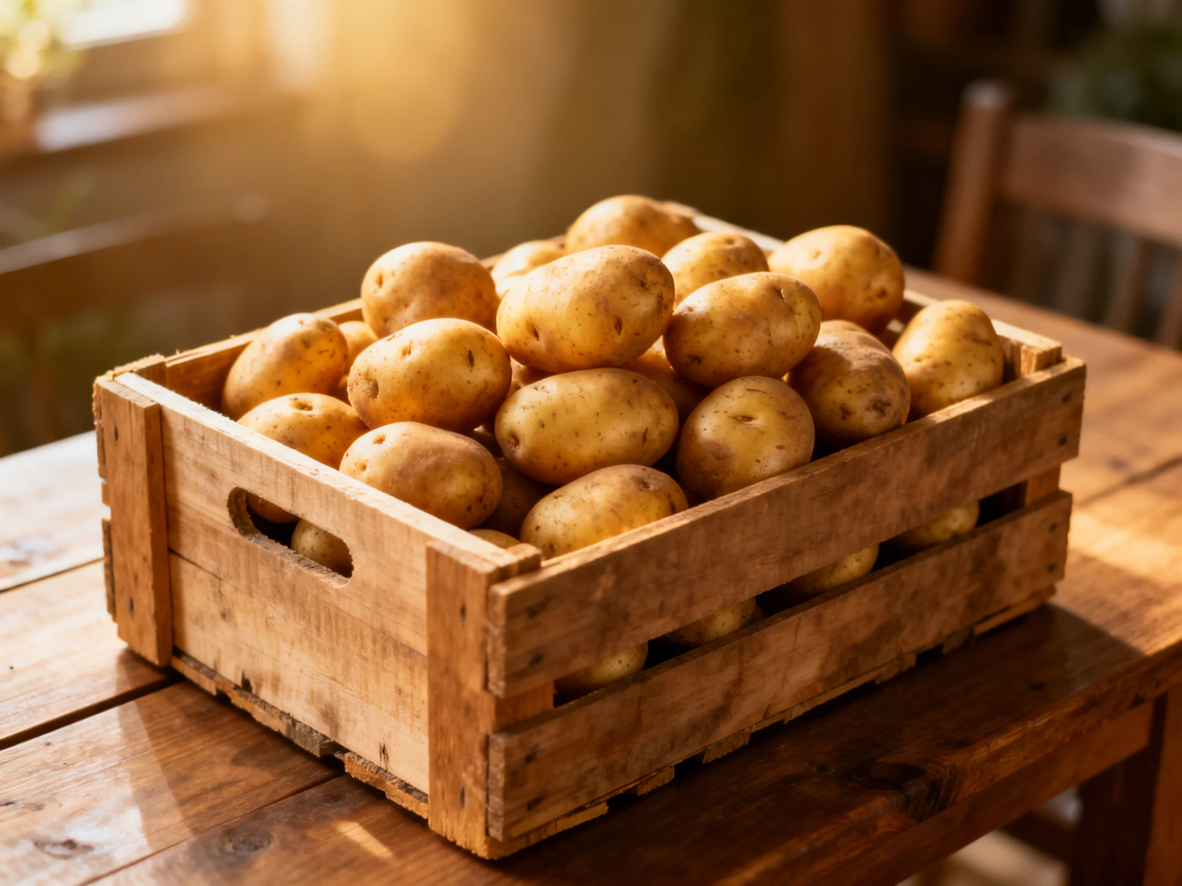 A wooden crate brimming with light brown potatoes sits on a rustic wooden table