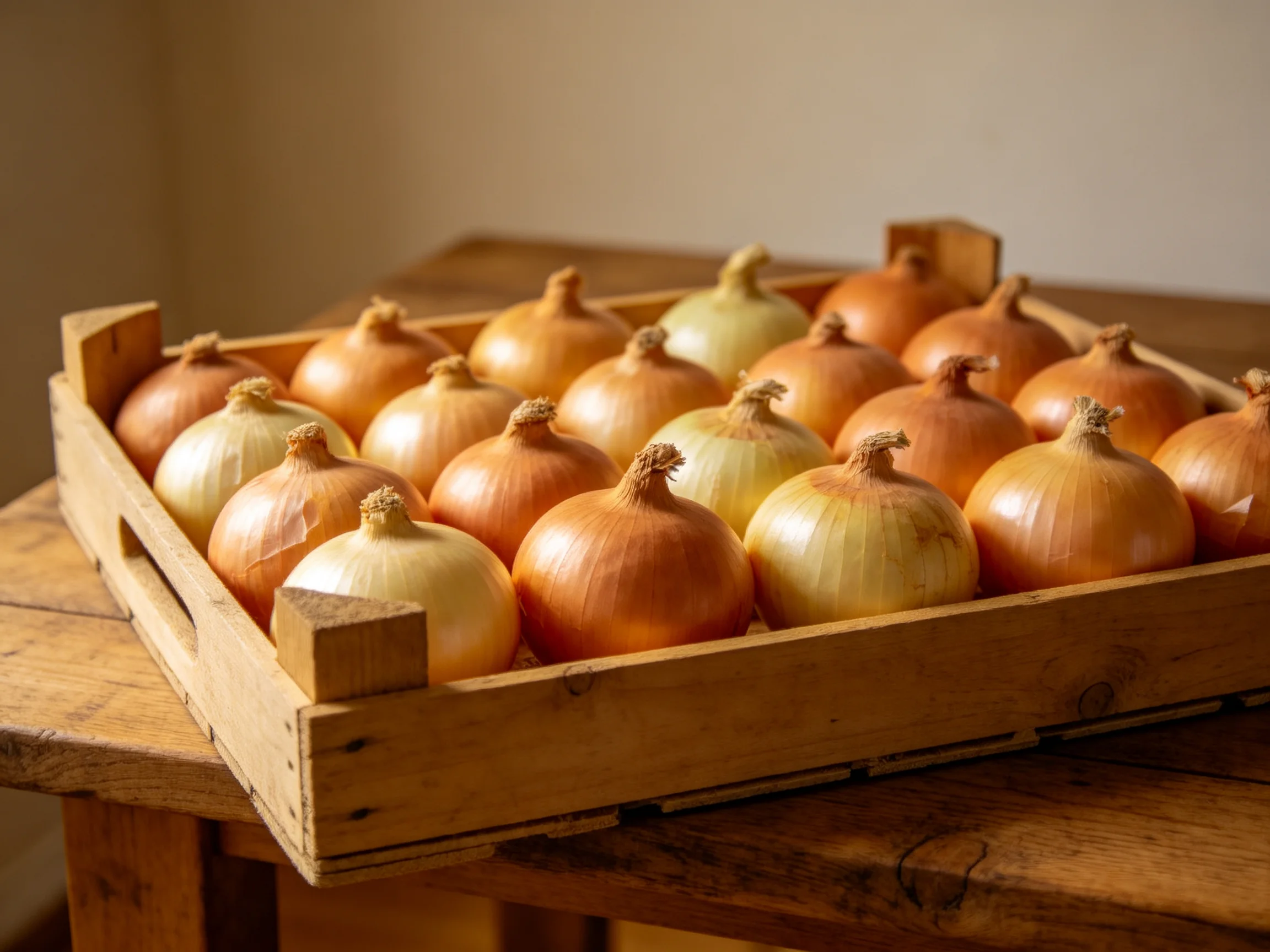 A wooden crate containing golden and amber onions on a rustic wooden surface